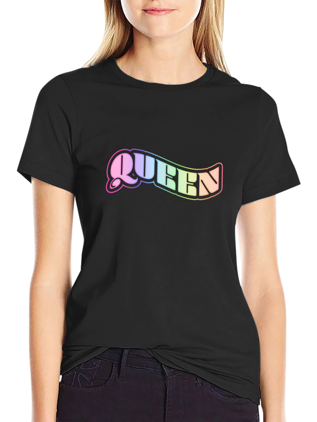 Queen Rainbow Text Black T-Shirt
