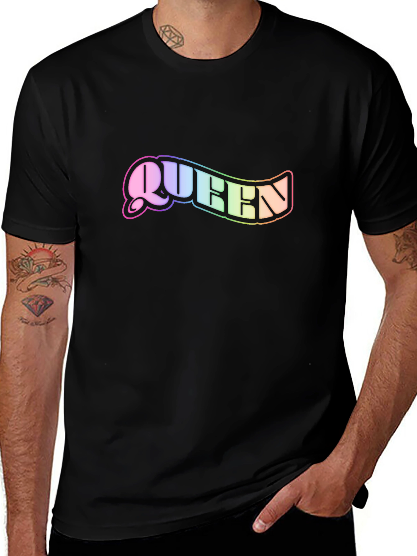 Queen Rainbow Text Black T-Shirt