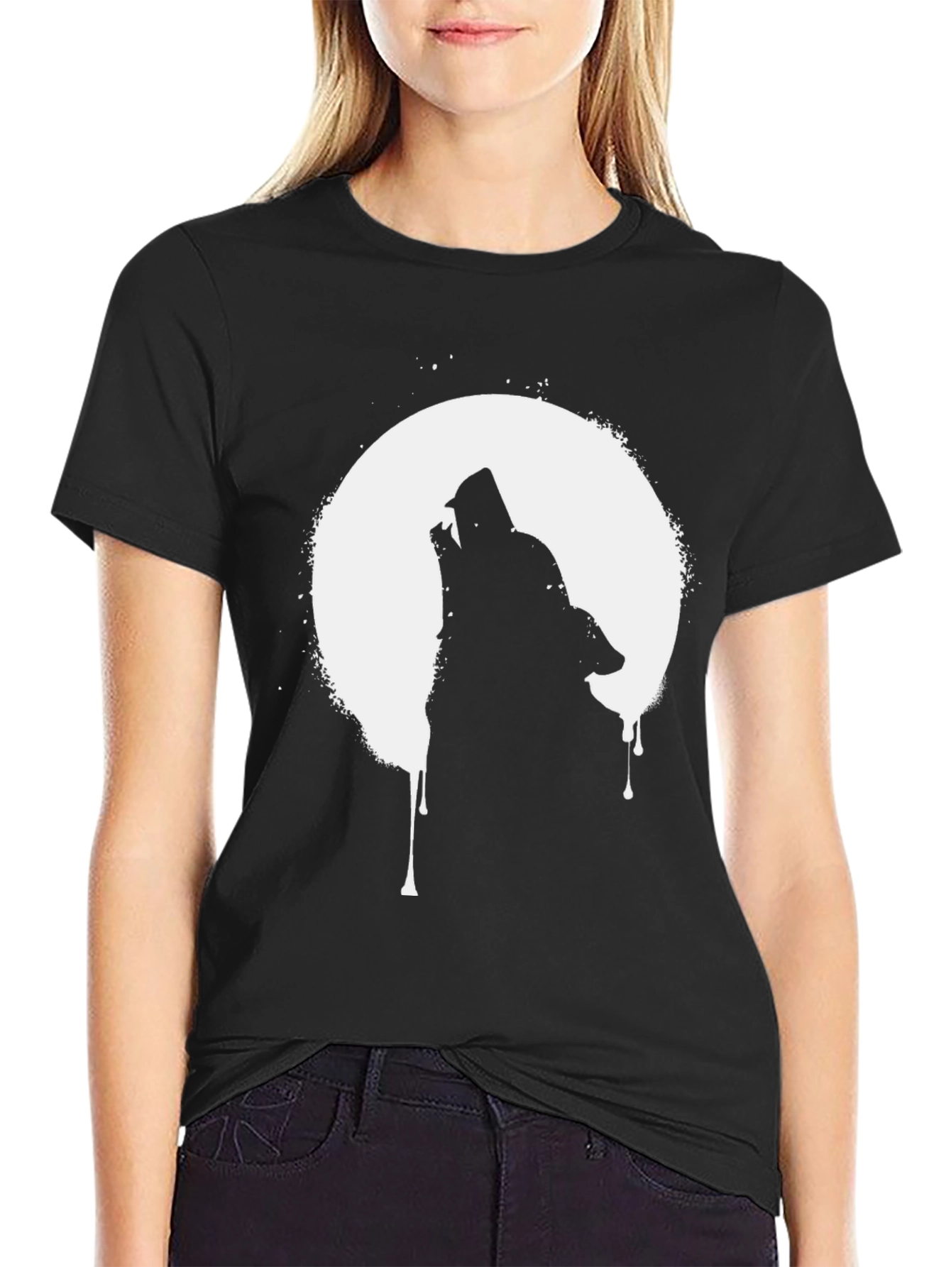 Wolf Howling at Moon Graphic T-Shirt - Black