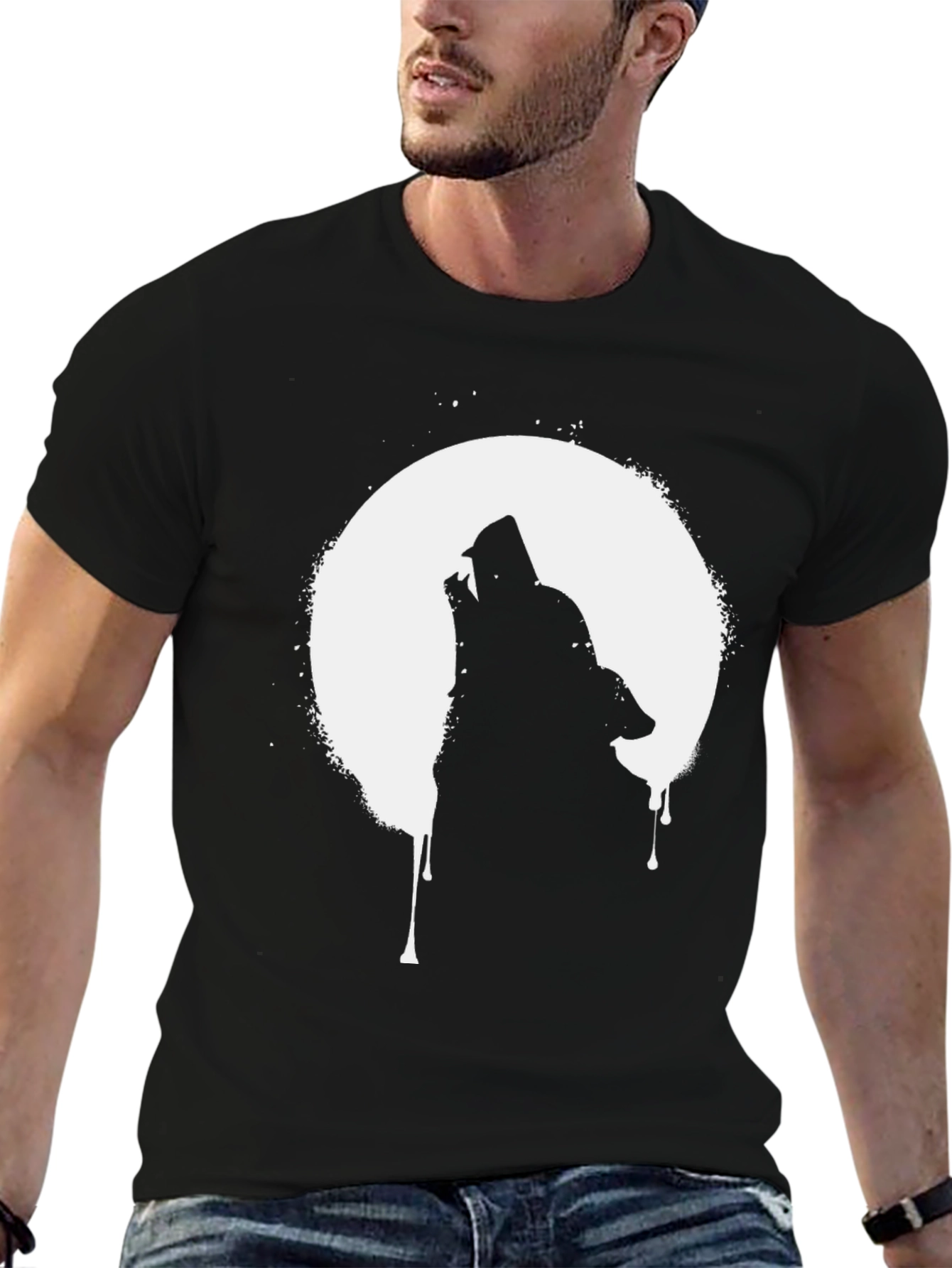 Wolf Howling at Moon Graphic T-Shirt - Black