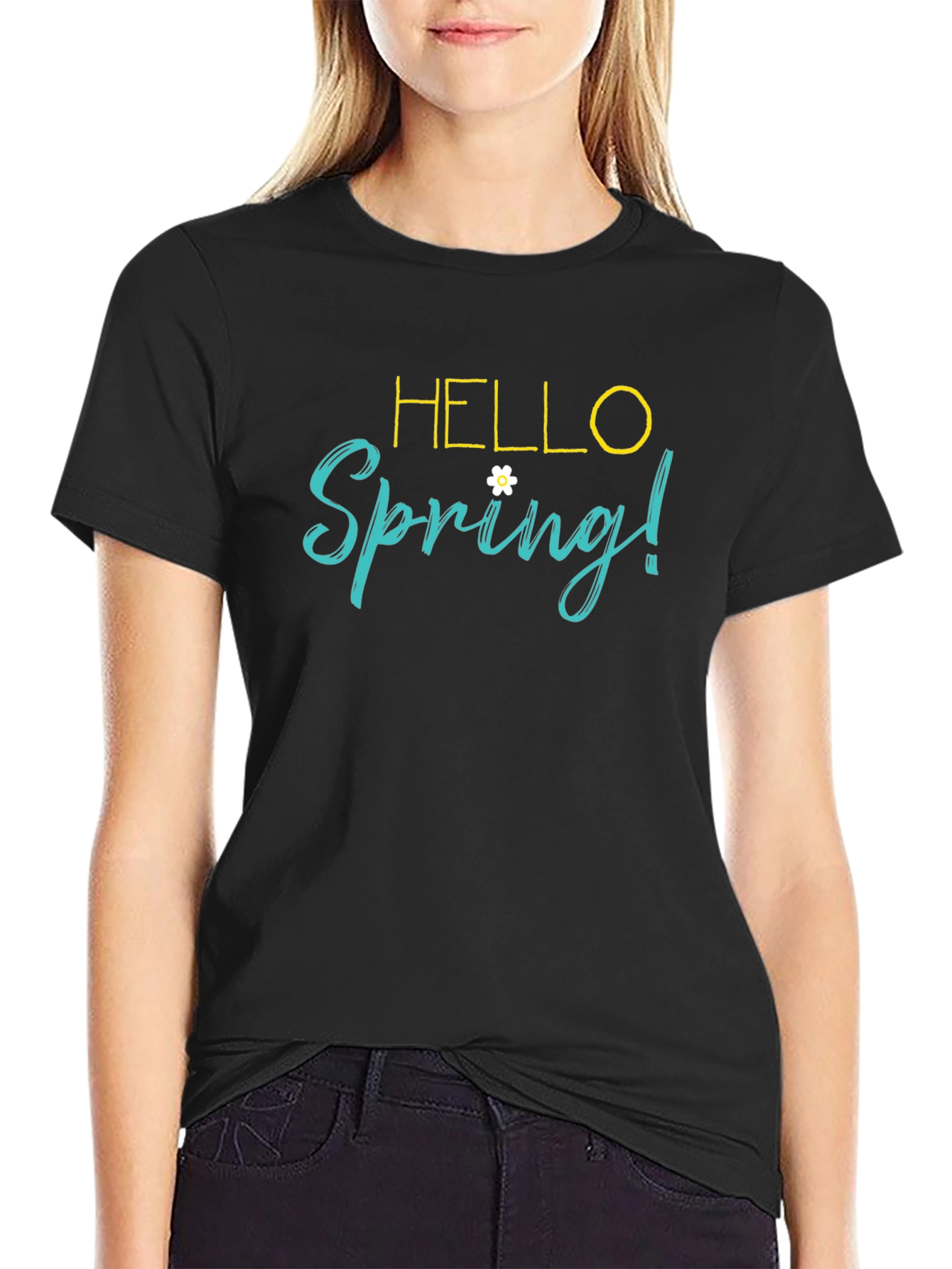 Hello Spring! Black Graphic T-Shirt