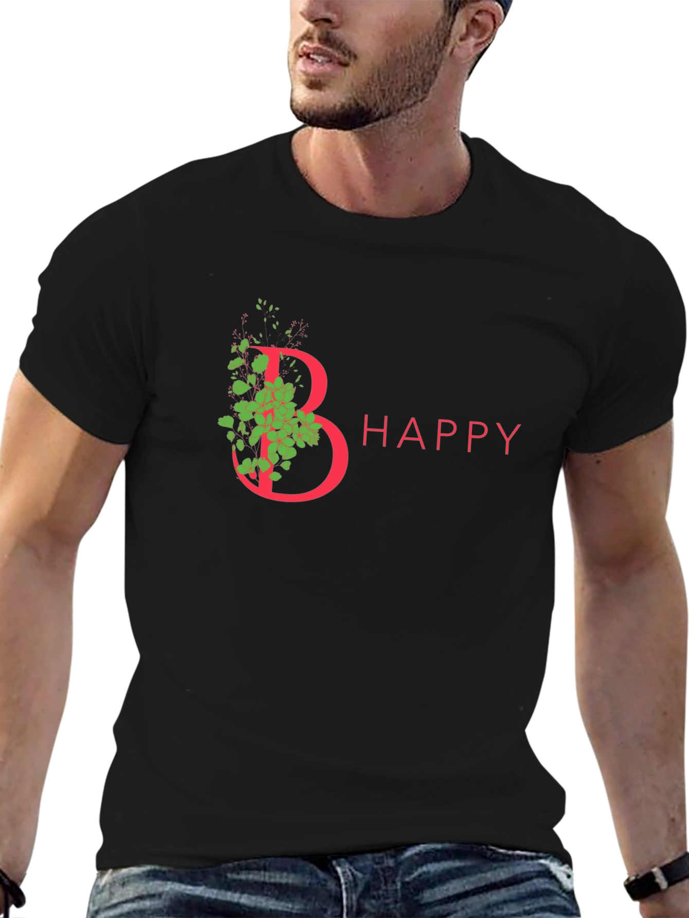 Be Happy T-Shirt - Floral Letter Graphic Tee
