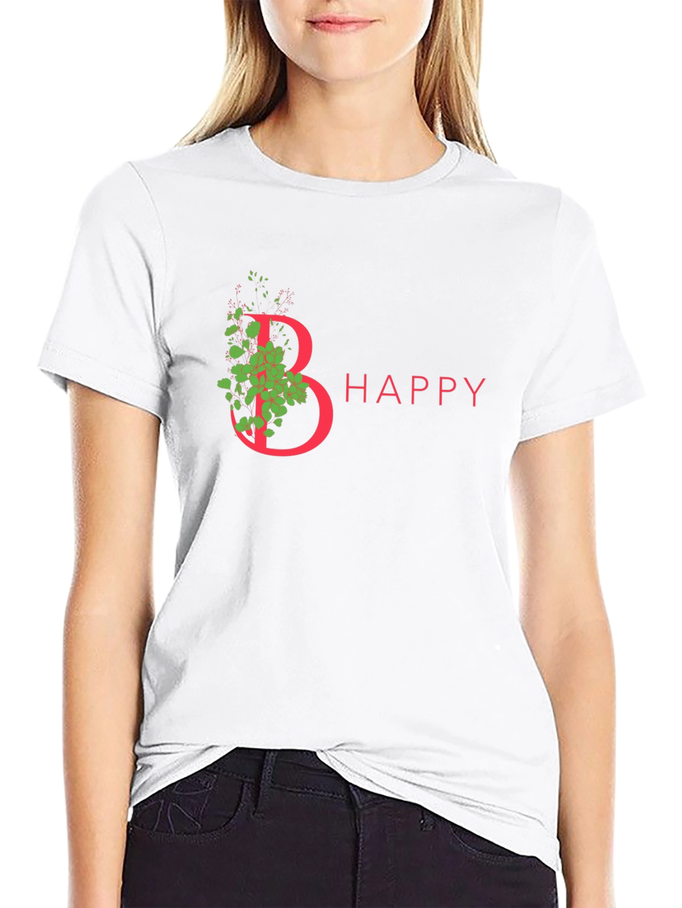 Be Happy T-Shirt - Floral Letter Graphic Tee