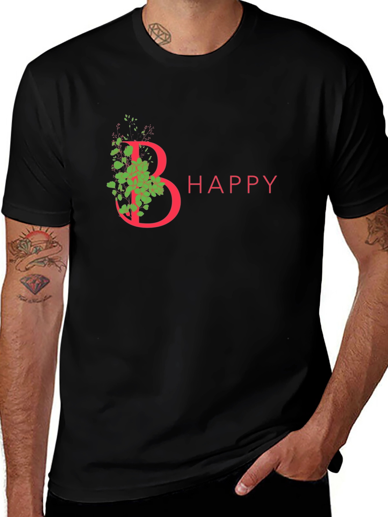 Be Happy T-Shirt - Floral Letter Graphic Tee