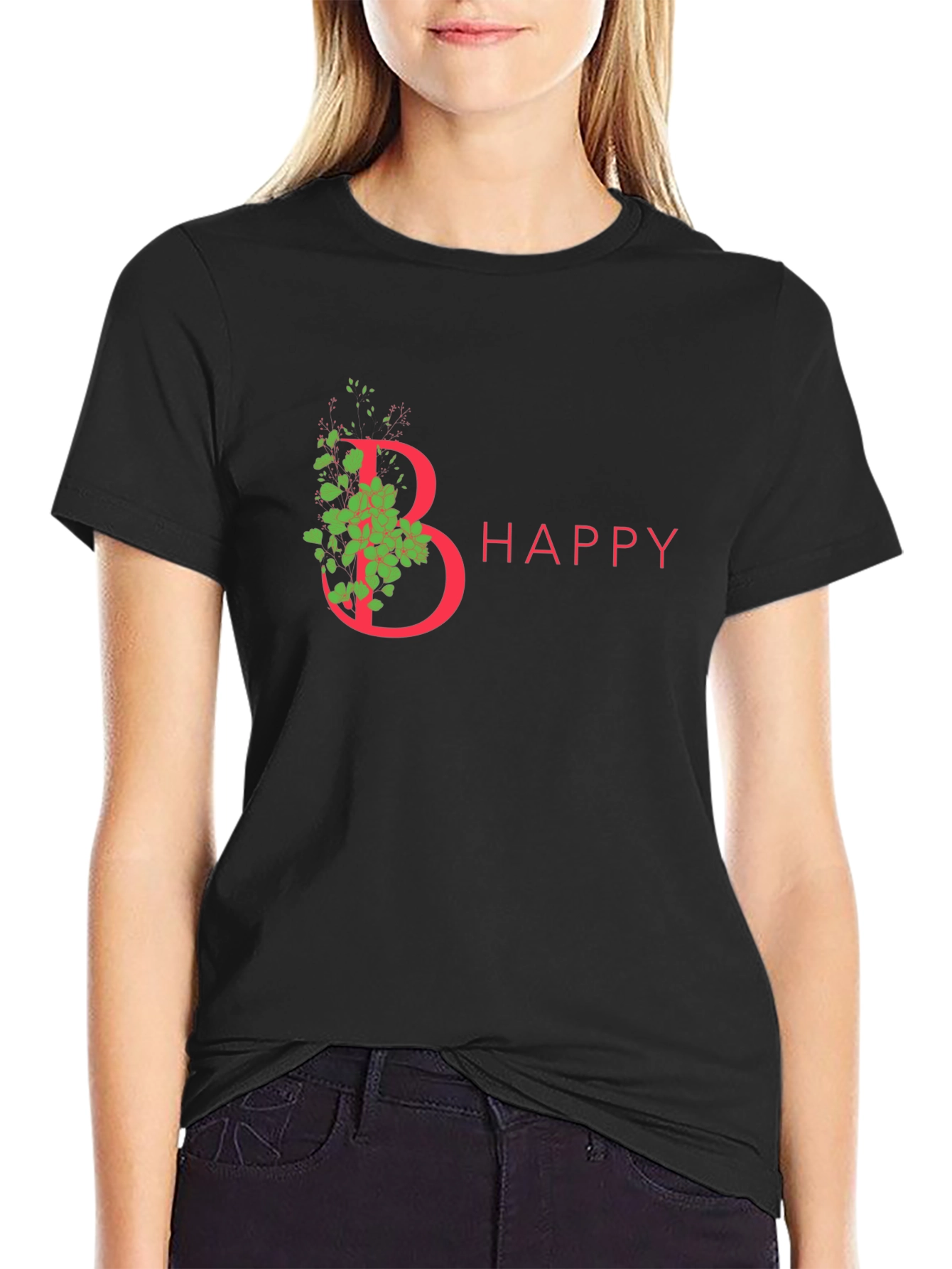 Be Happy T-Shirt - Floral Letter Graphic Tee