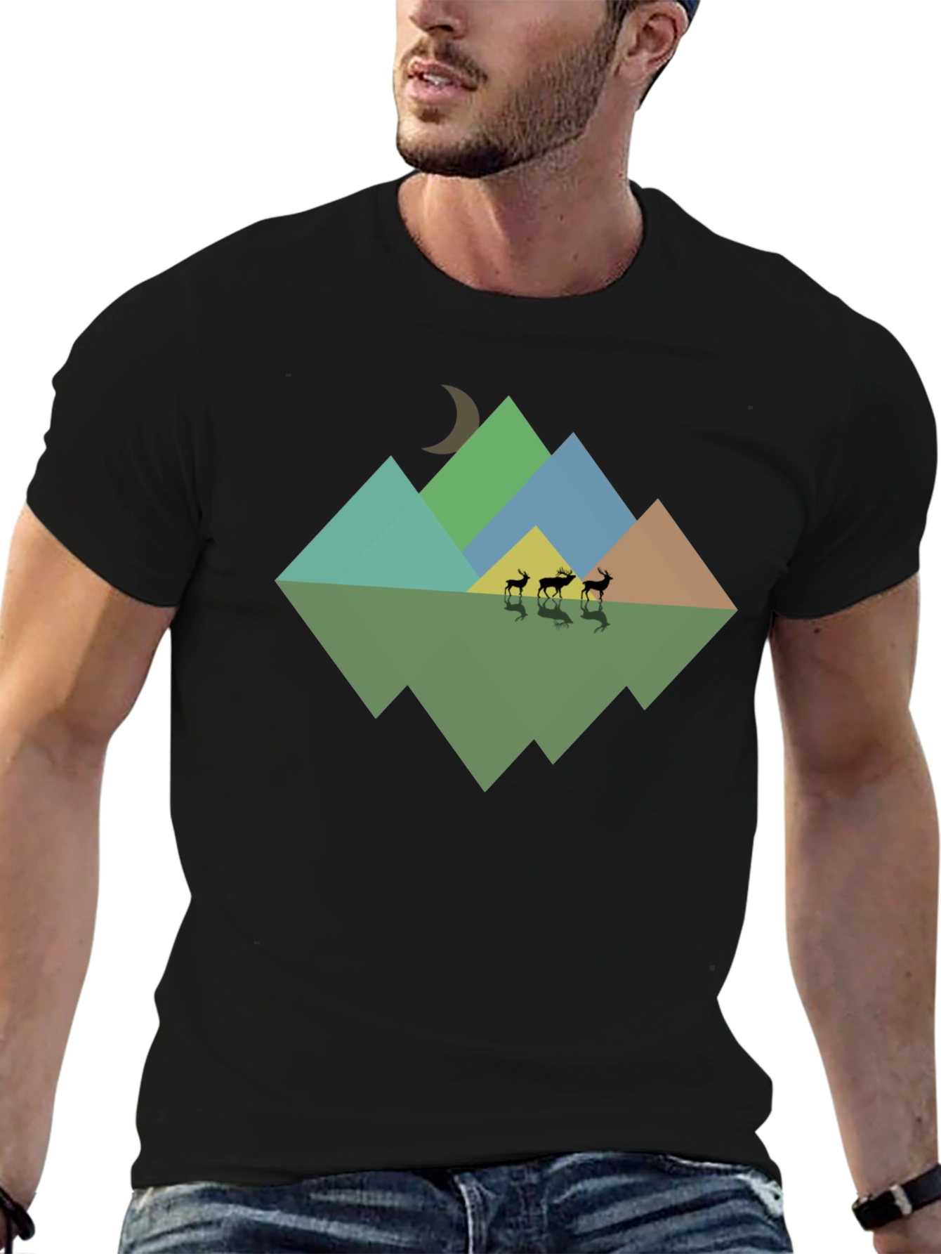 Geometric Mountain & Deer Print Black T-Shirt