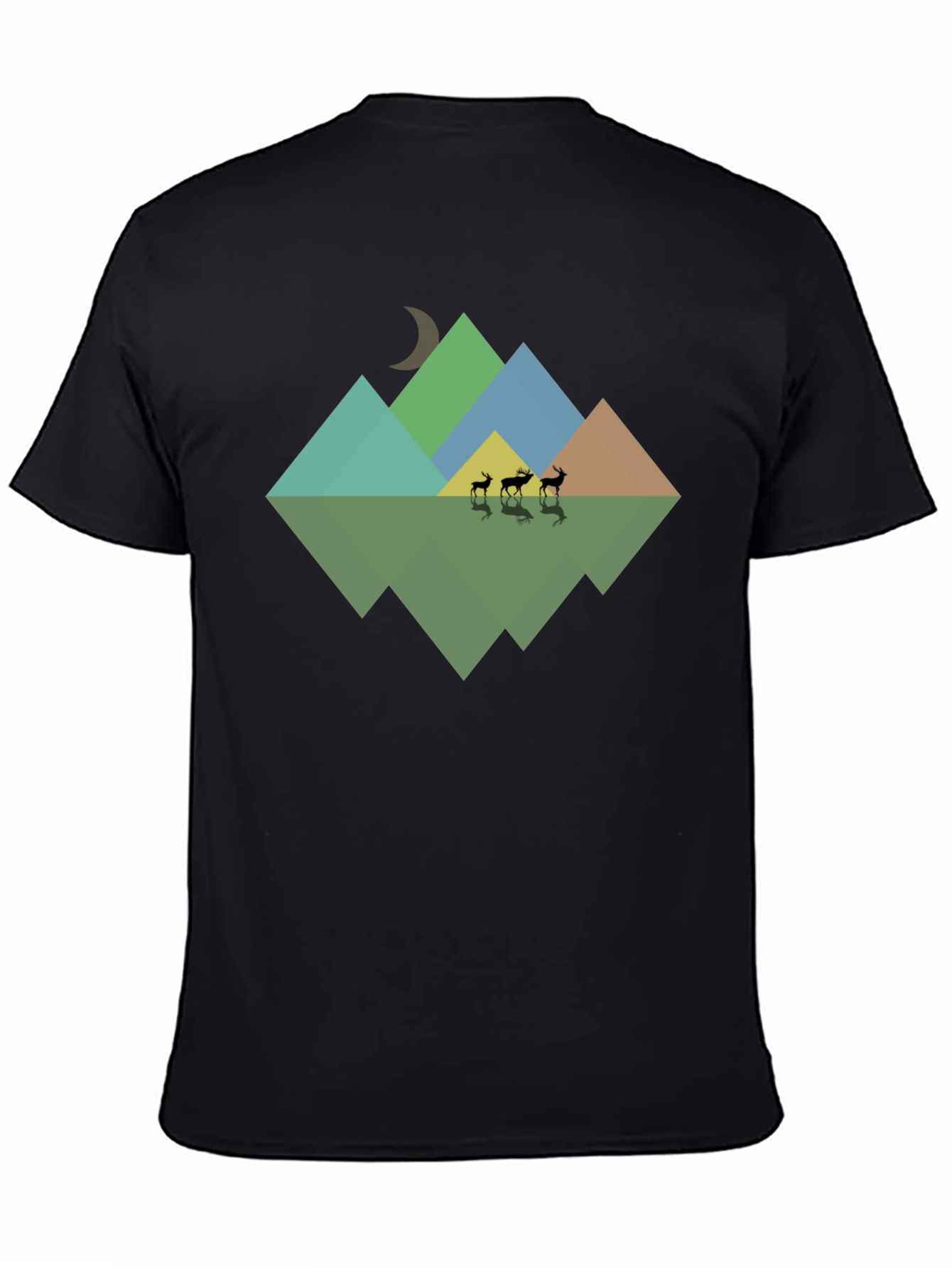 Geometric Mountain & Deer Print Black T-Shirt
