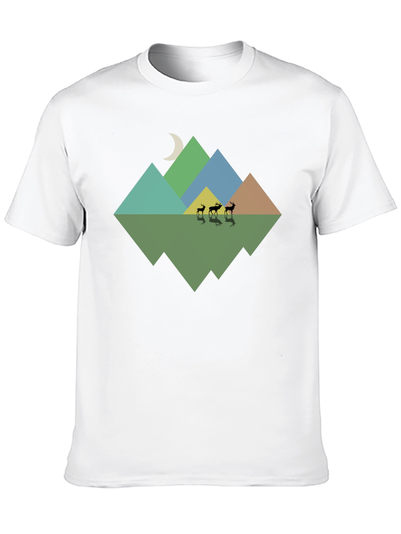 Geometric Mountain & Deer Print Black T-Shirt