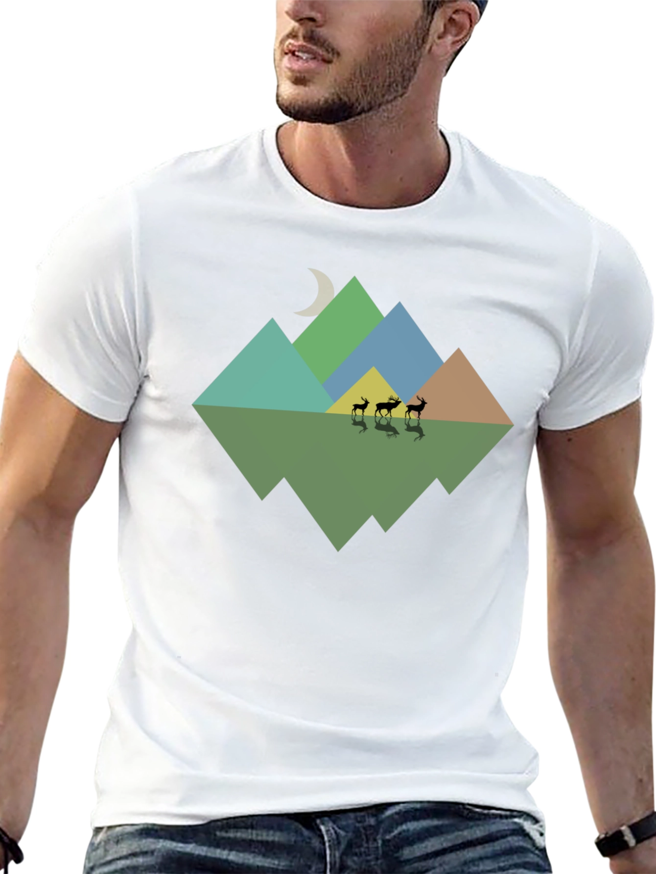 Geometric Mountain & Deer Print Black T-Shirt