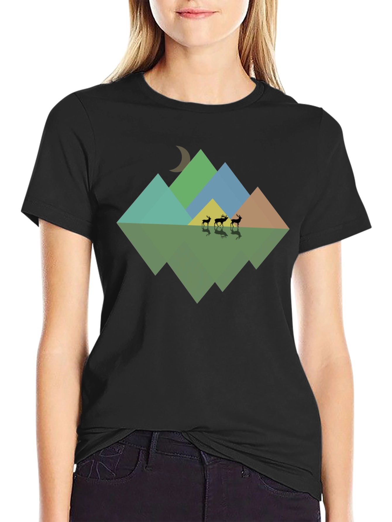 Geometric Mountain & Deer Print Black T-Shirt