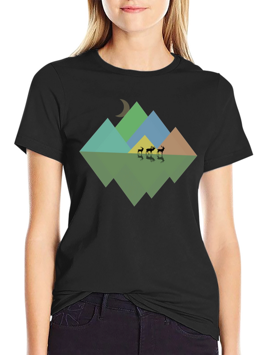 Geometric Mountain & Deer Print Black T-Shirt