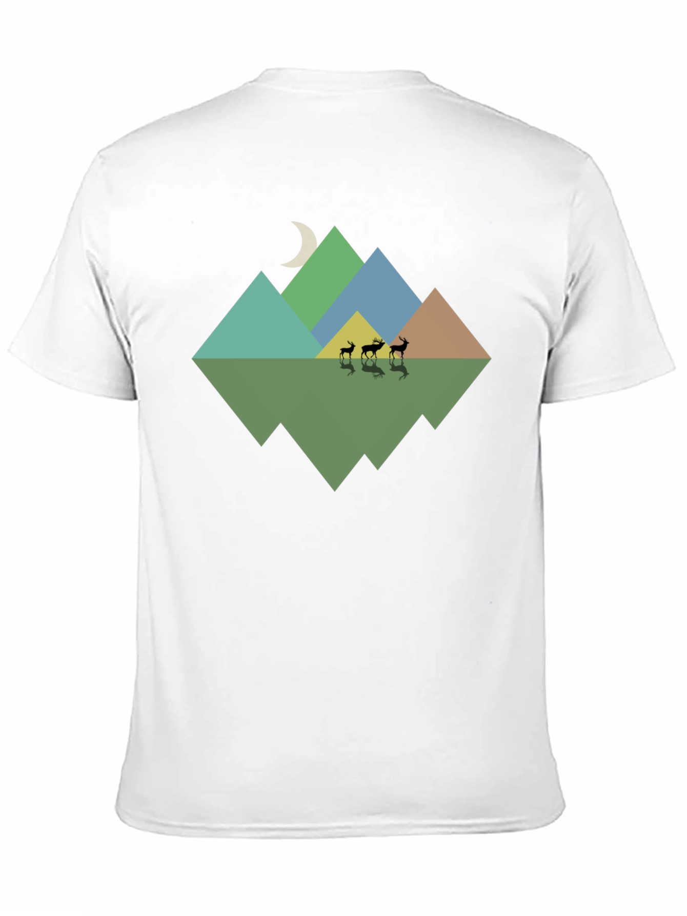 Geometric Mountain & Deer Print Black T-Shirt
