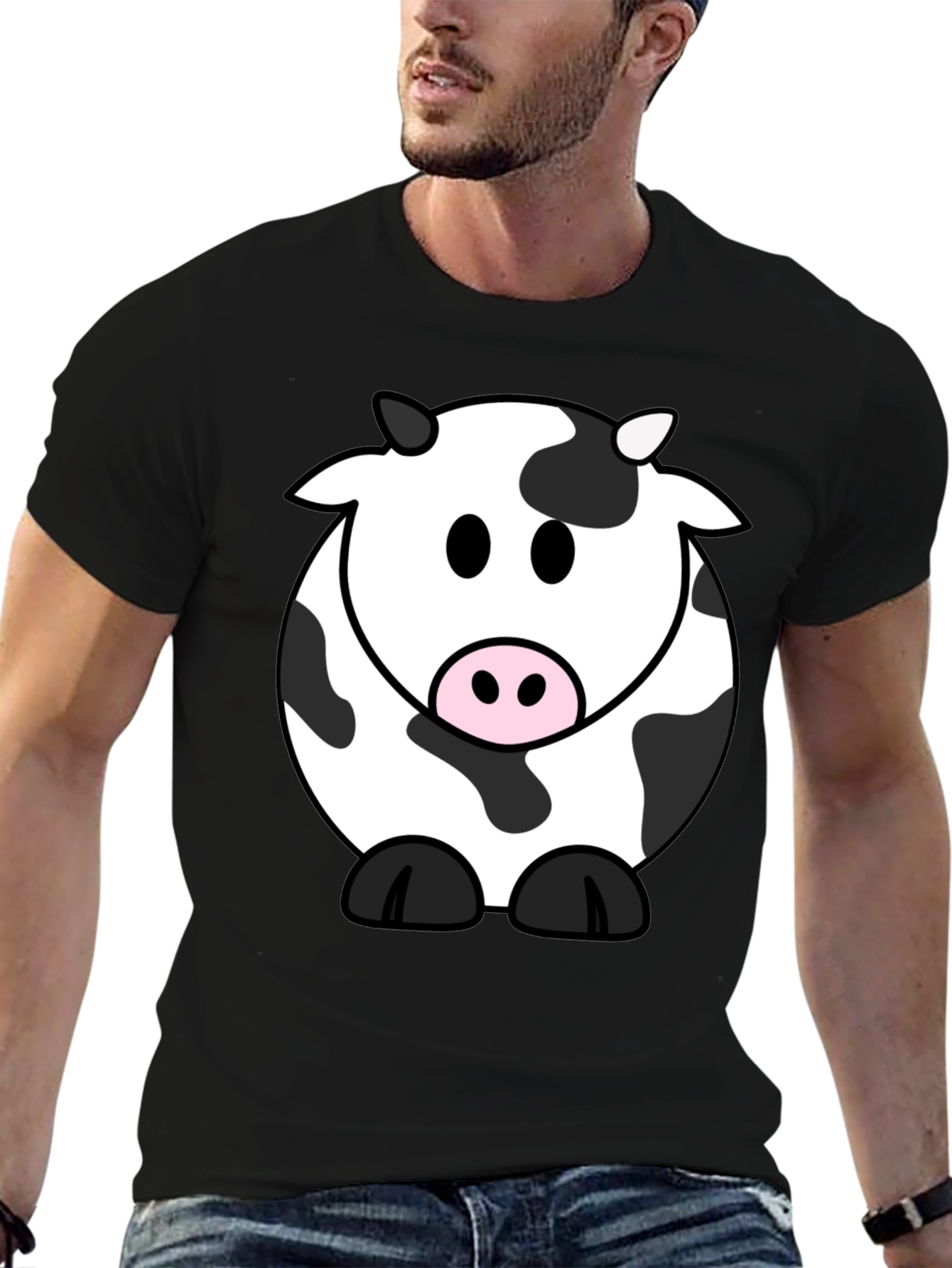 Cartoon Cow Graphic Tee - Black