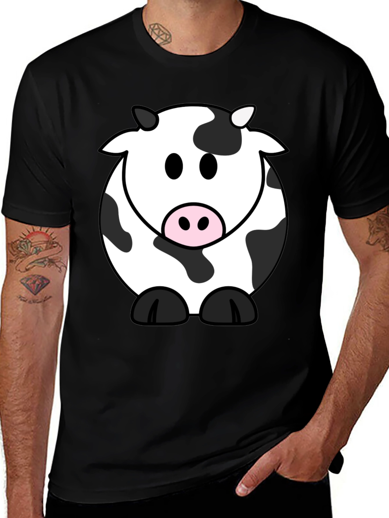 Cartoon Cow Graphic Tee - Black