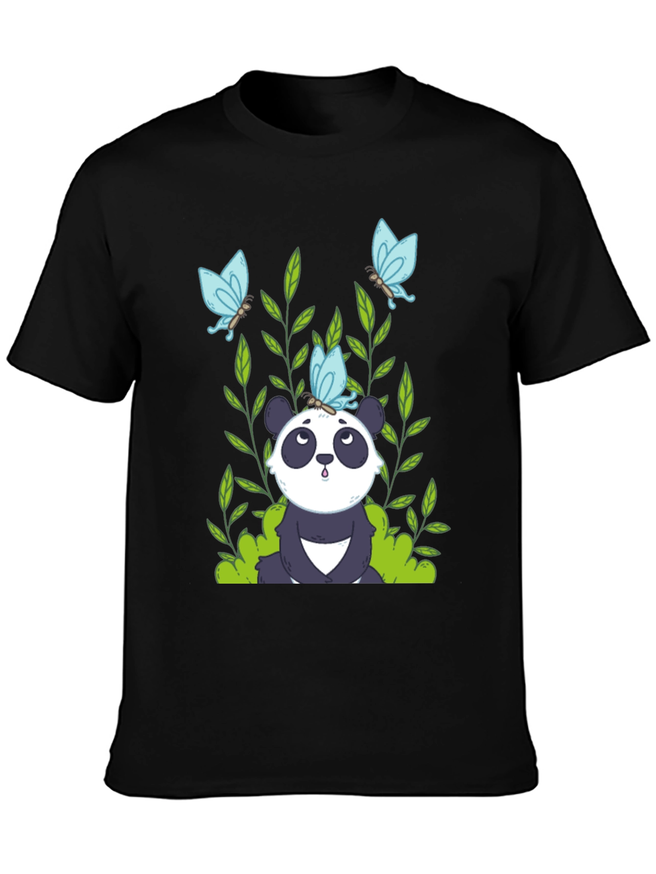 Panda and Butterflies Black T-Shirt