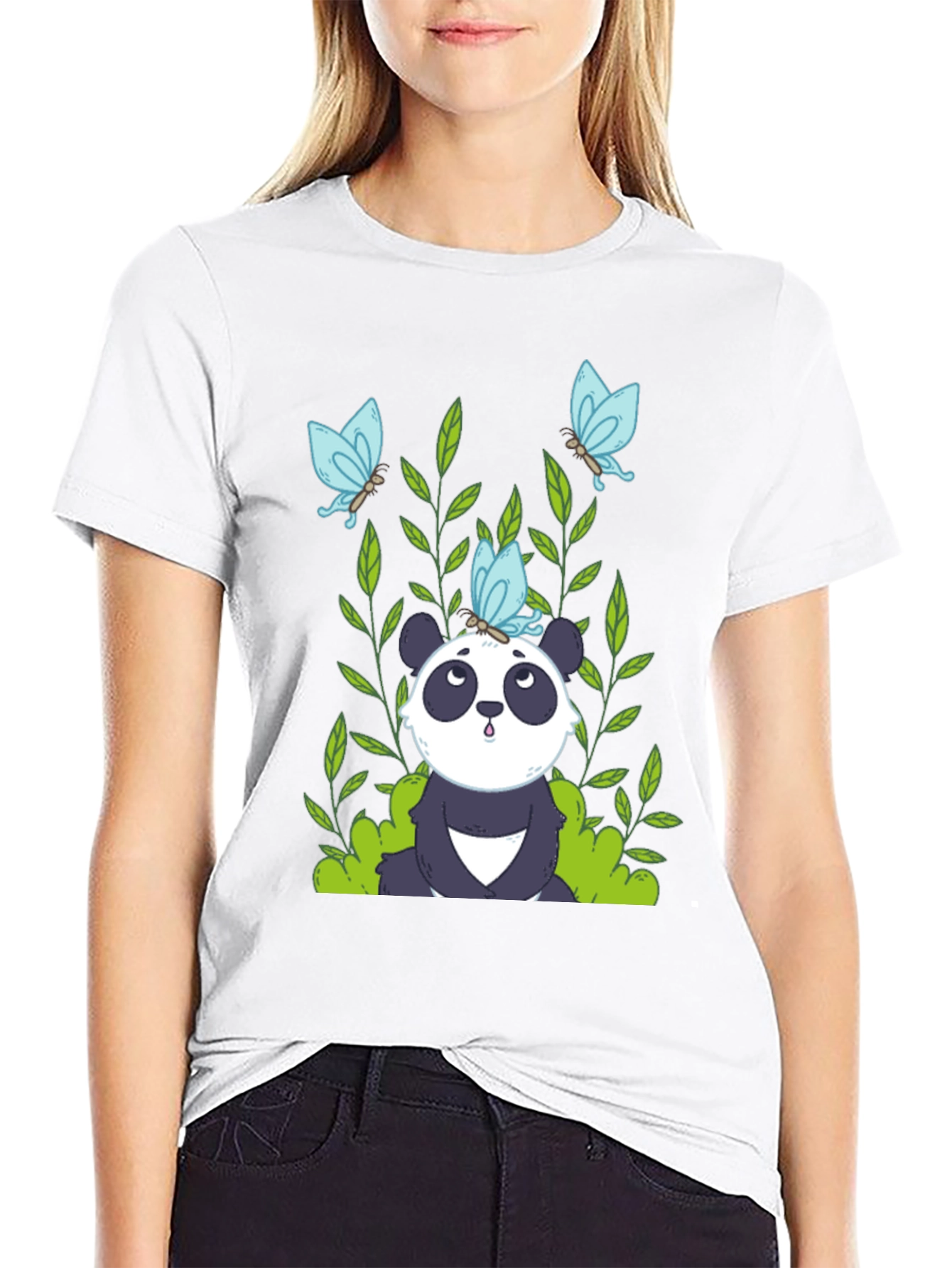 Panda and Butterflies Black T-Shirt