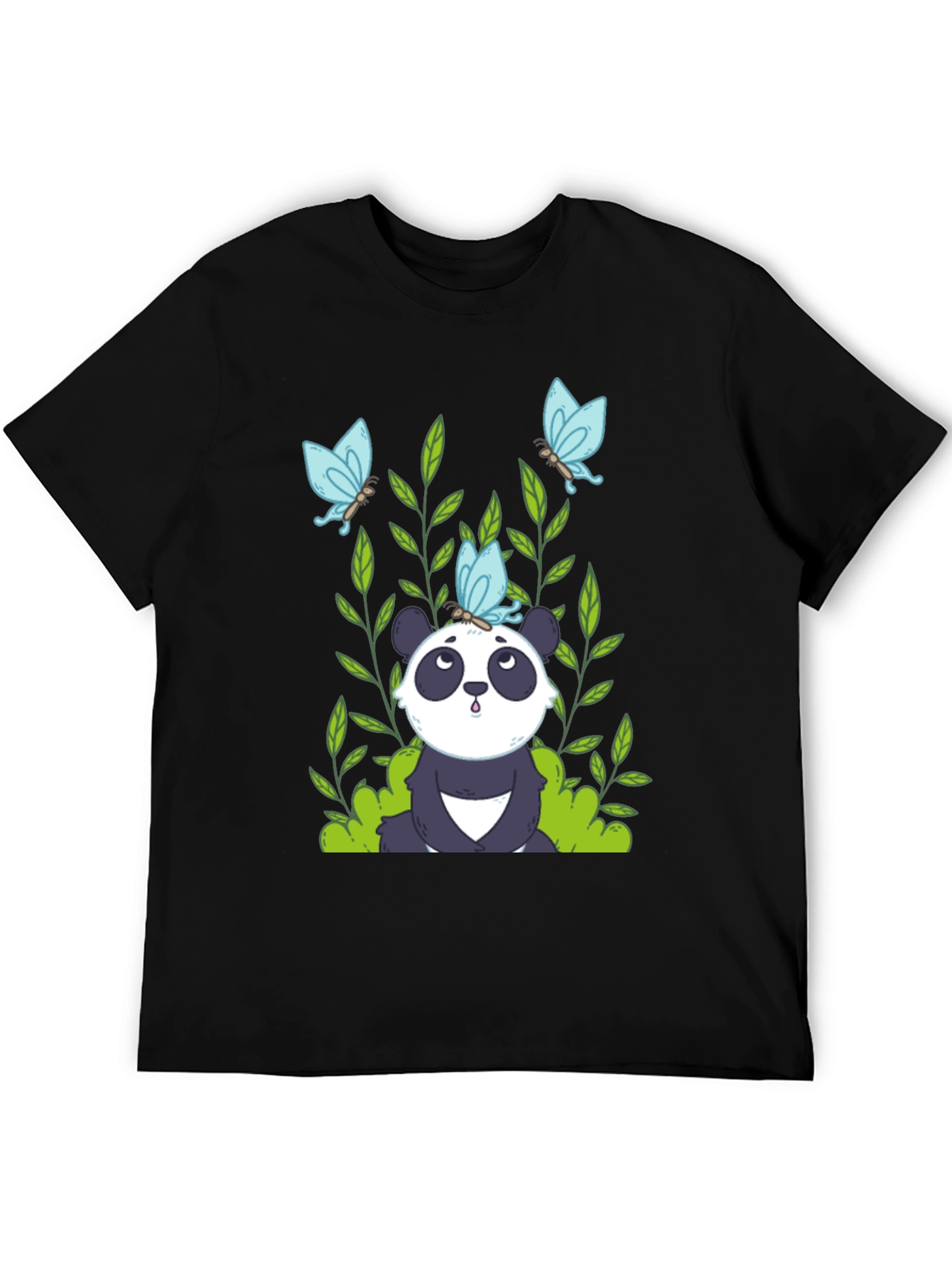 Panda and Butterflies Black T-Shirt
