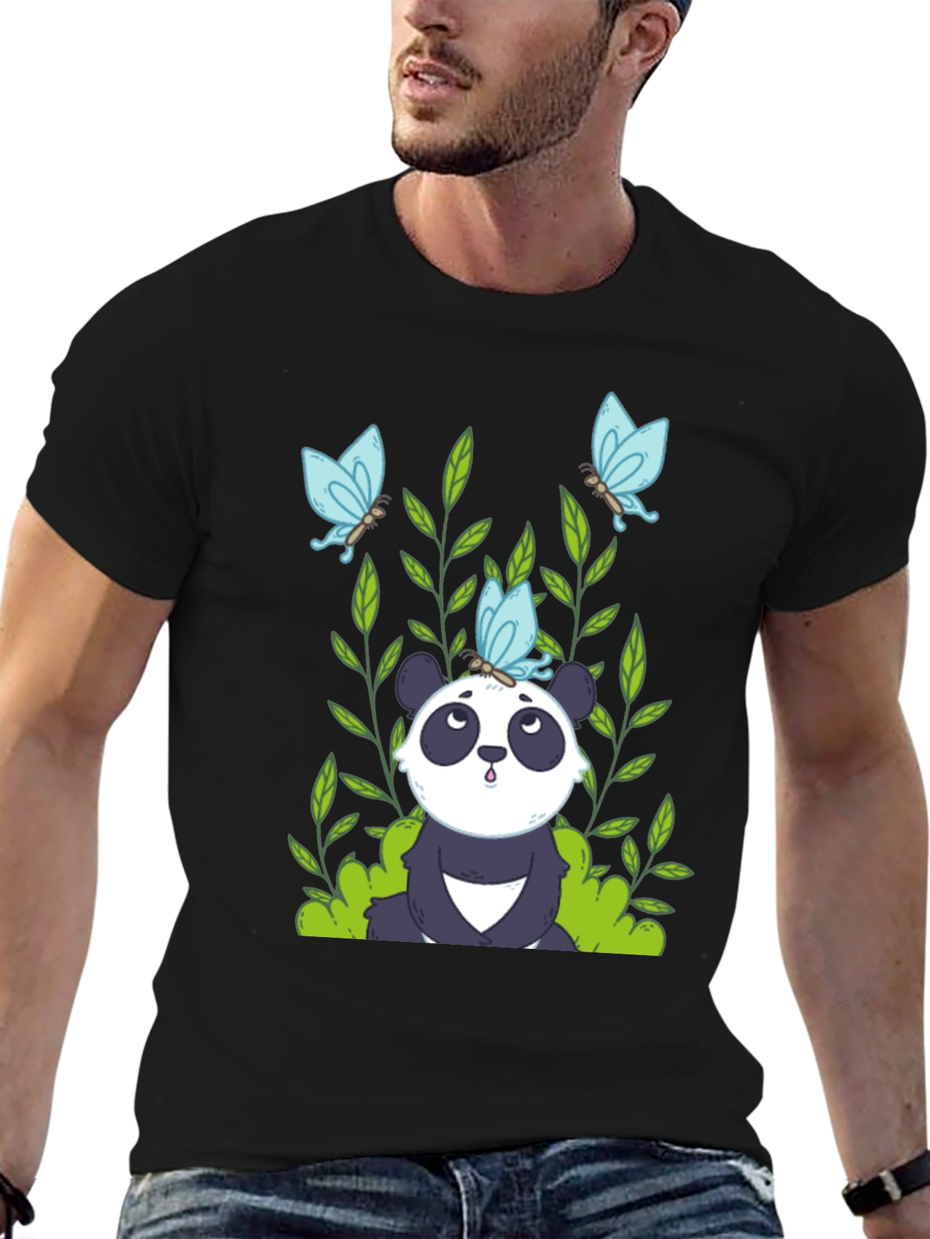 Panda and Butterflies Black T-Shirt