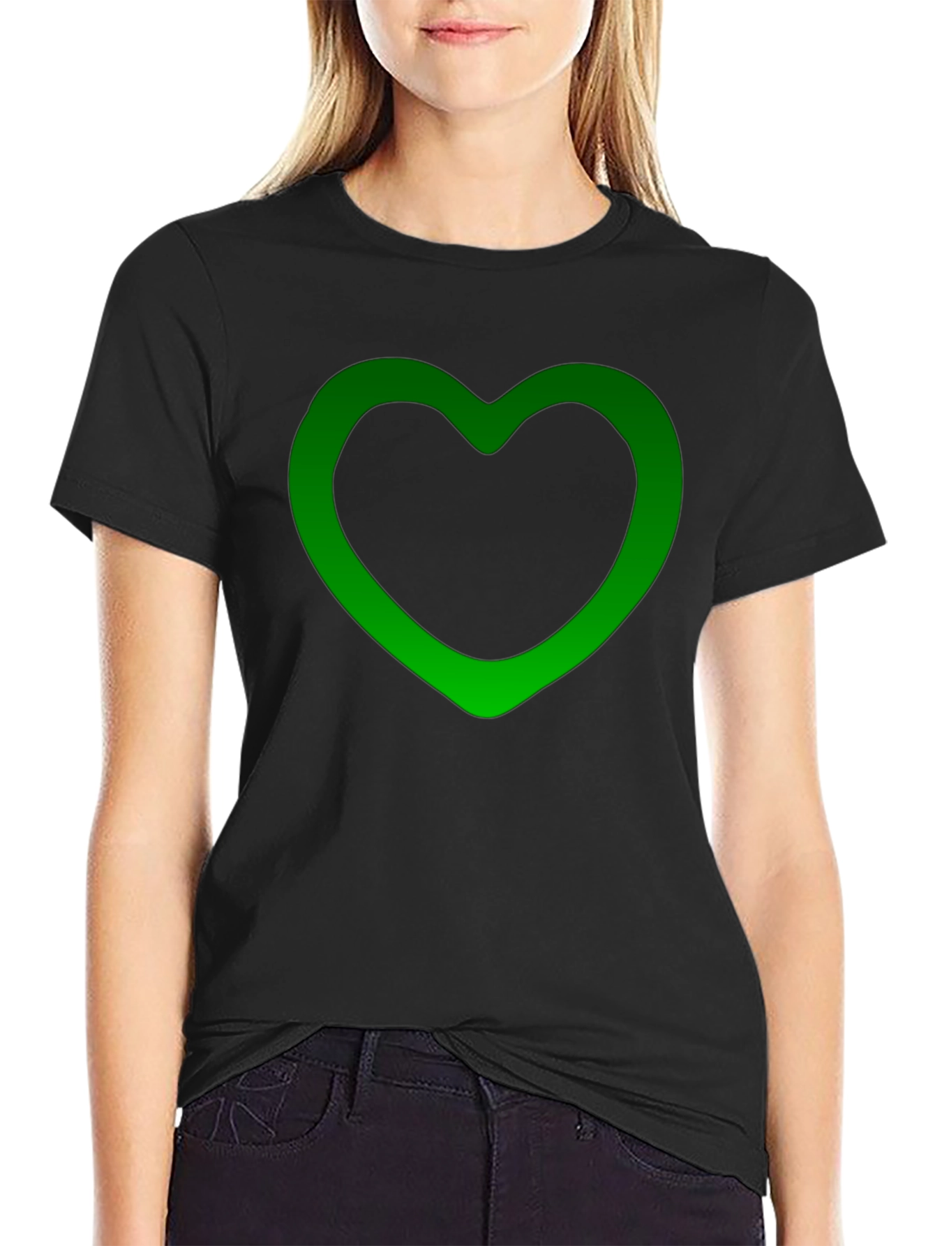 Green Heart Outline Black T-Shirt