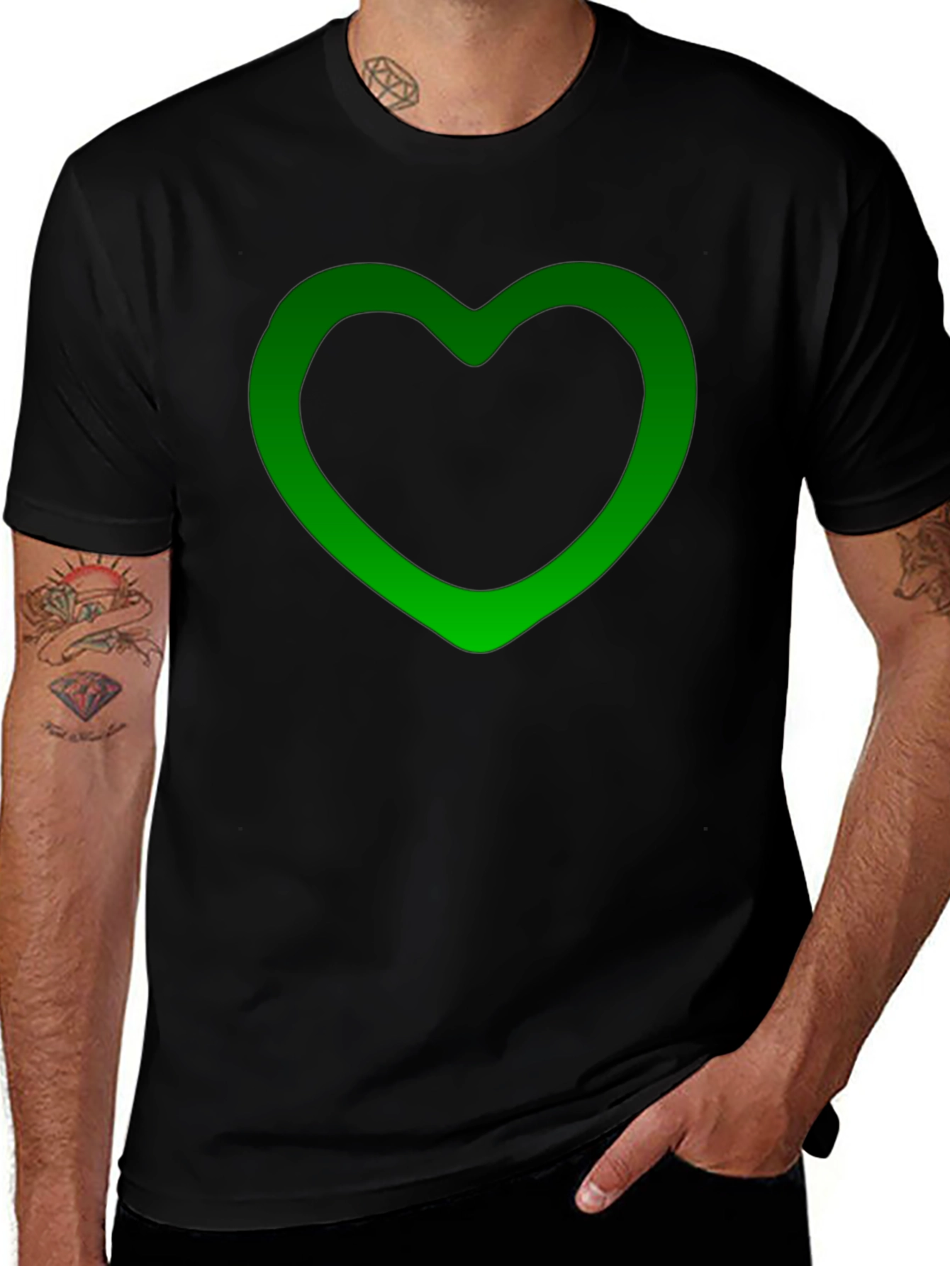 Green Heart Outline Black T-Shirt