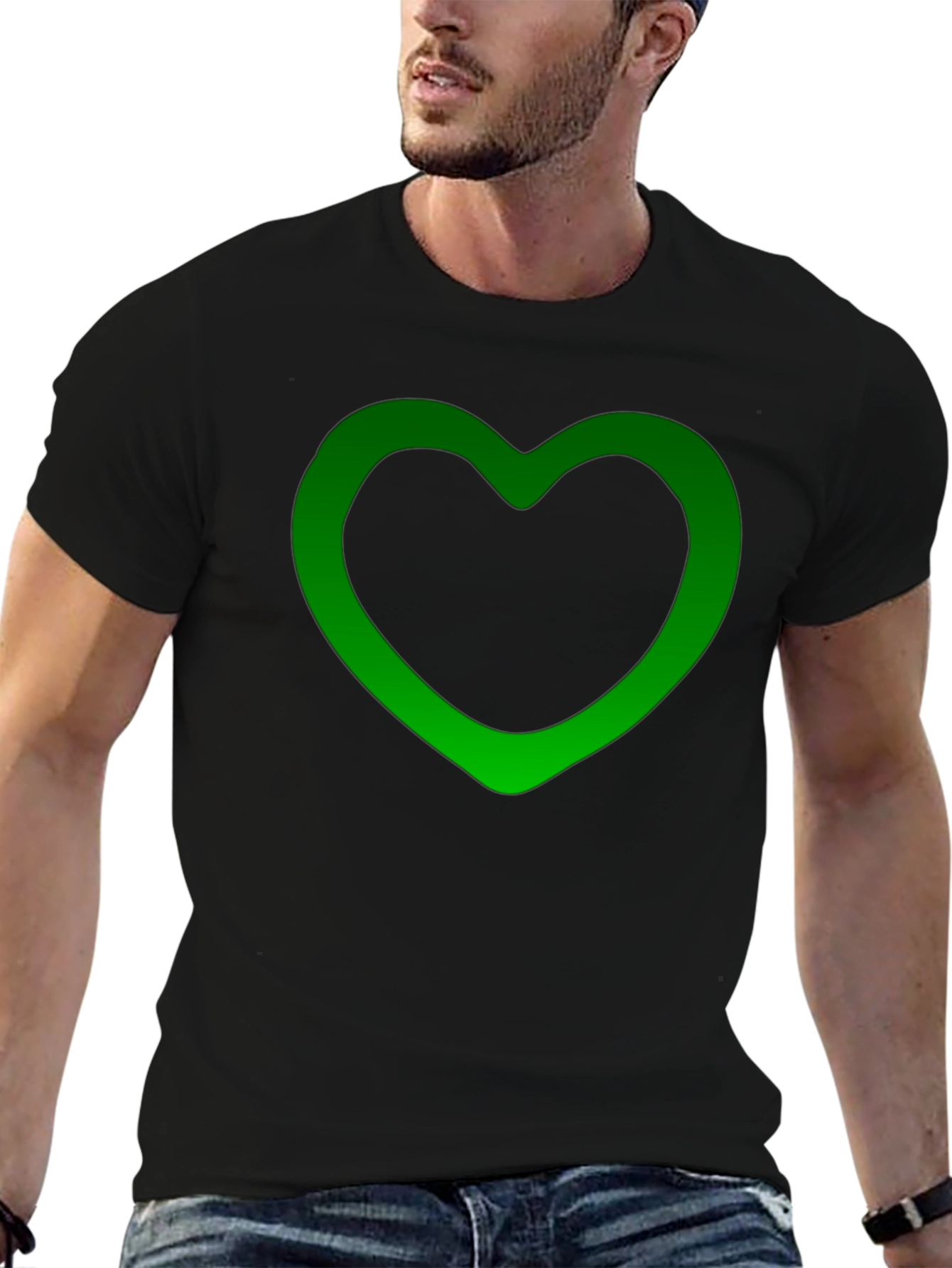 Green Heart Outline Black T-Shirt