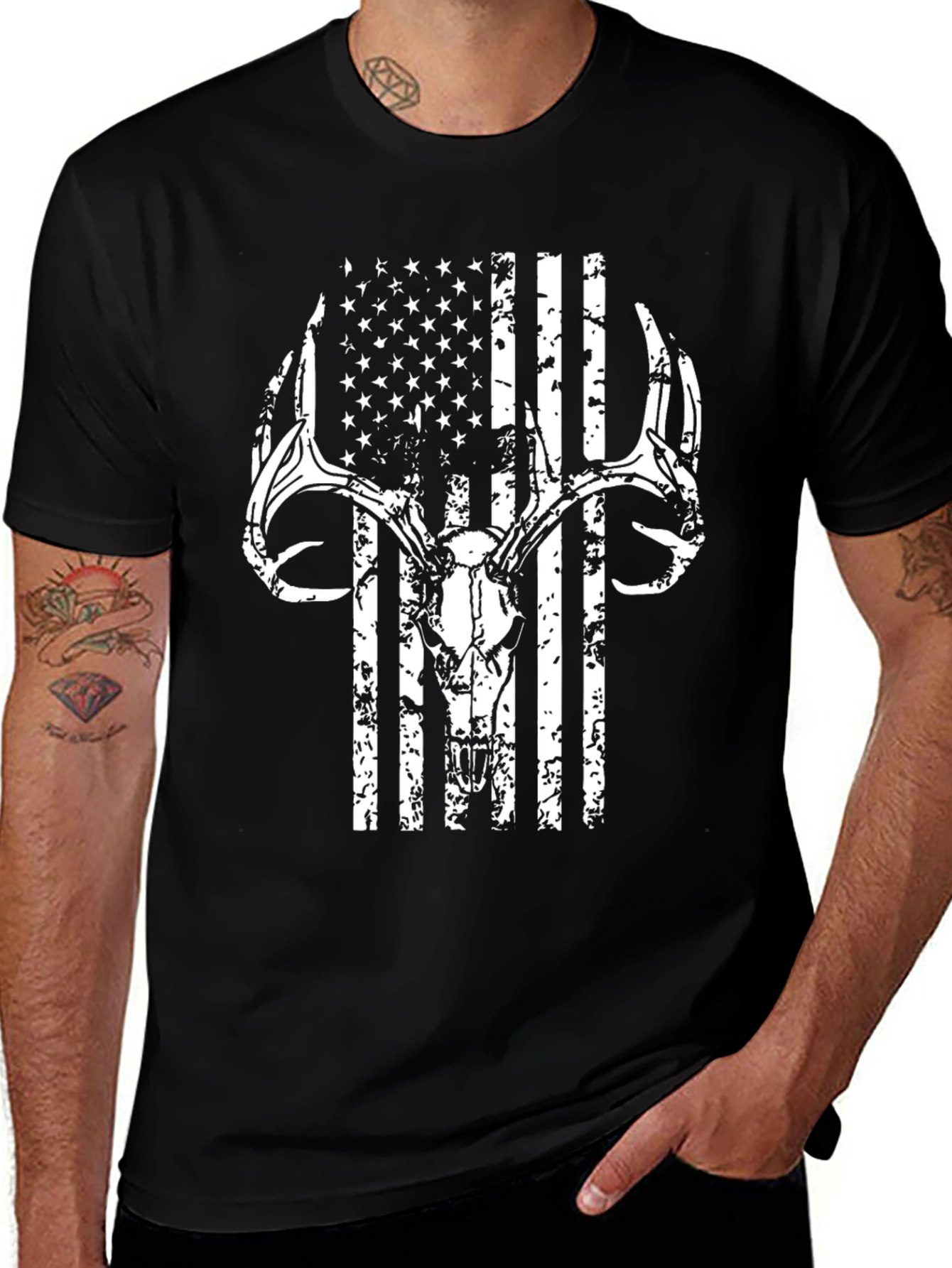 Buck Skull American Flag Graphic T-Shirt