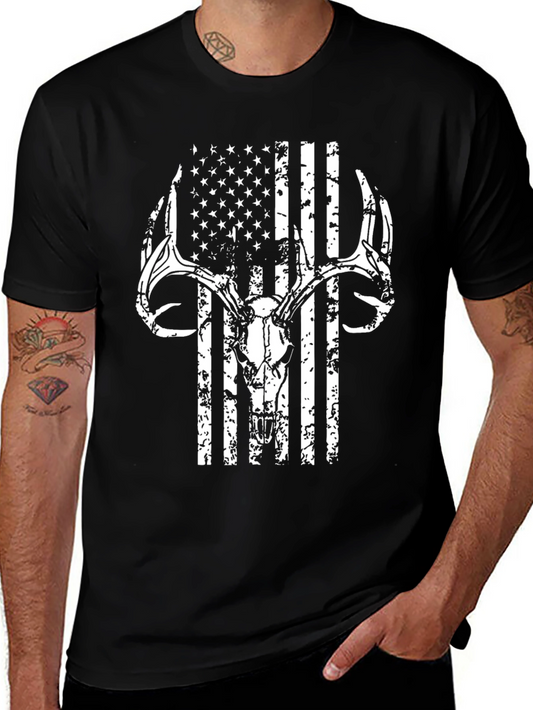 Buck Skull American Flag Graphic T-Shirt
