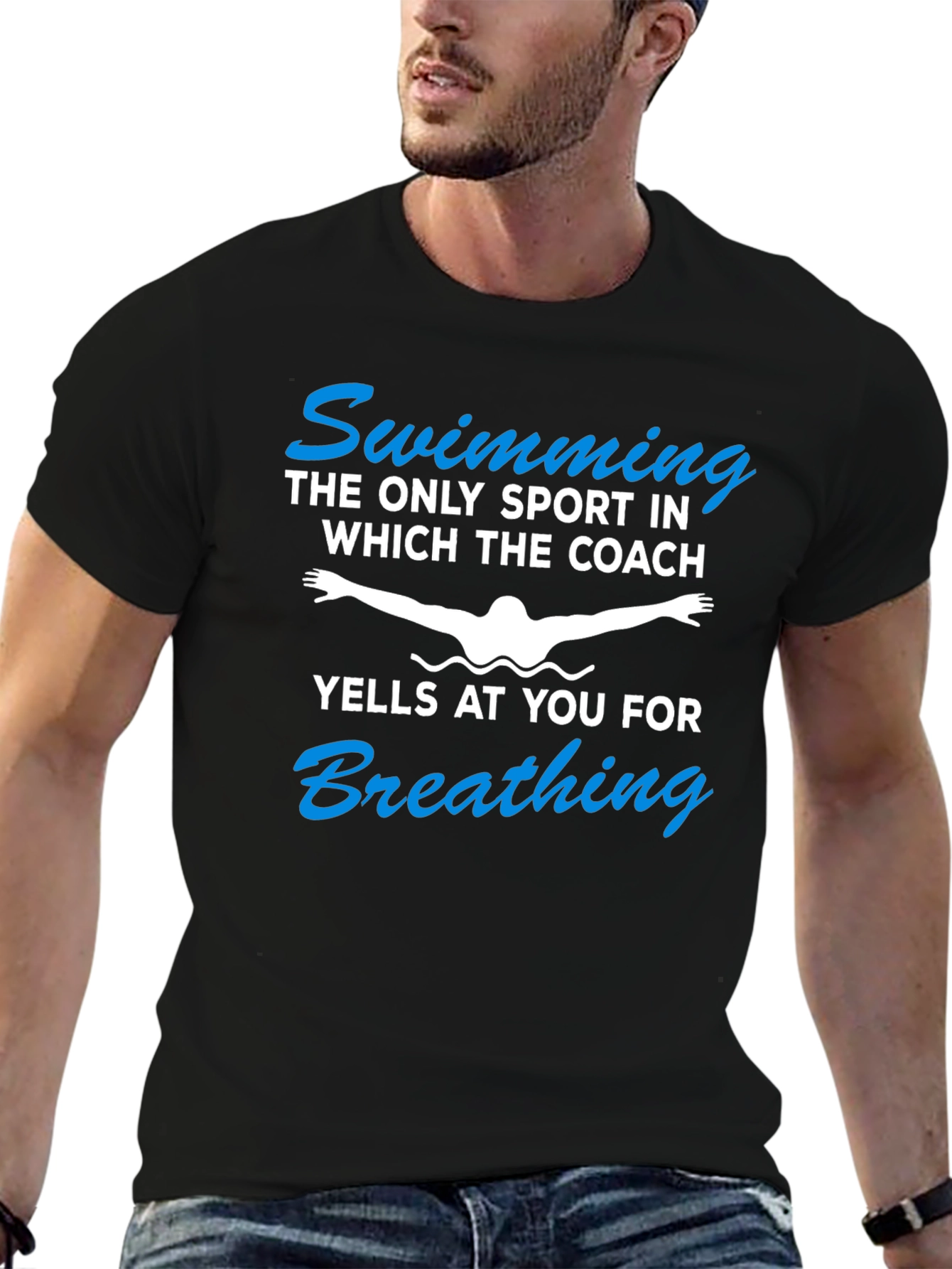 Funny Swimming T-Shirt - Coach Yelling for Breathing