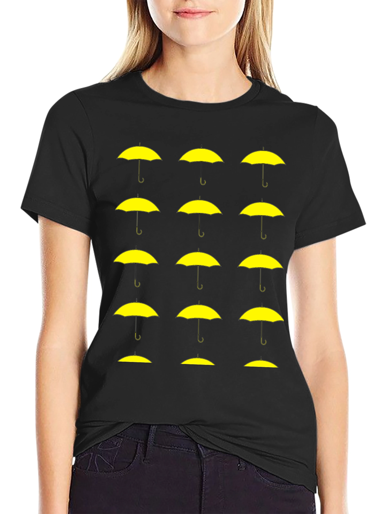 Black T-Shirt with Yellow Umbrella Graphic Pattern