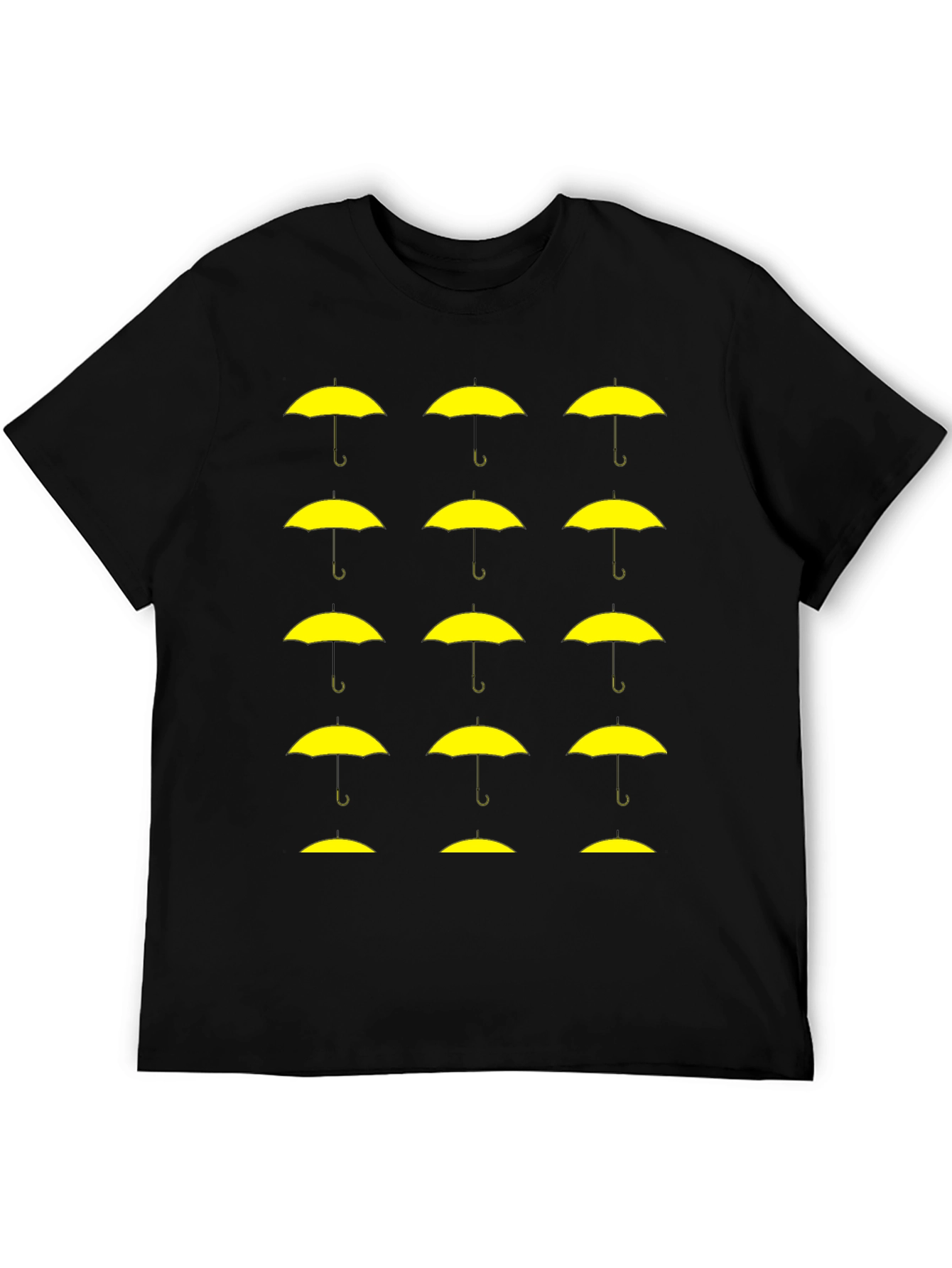 Black T-Shirt with Yellow Umbrella Graphic Pattern