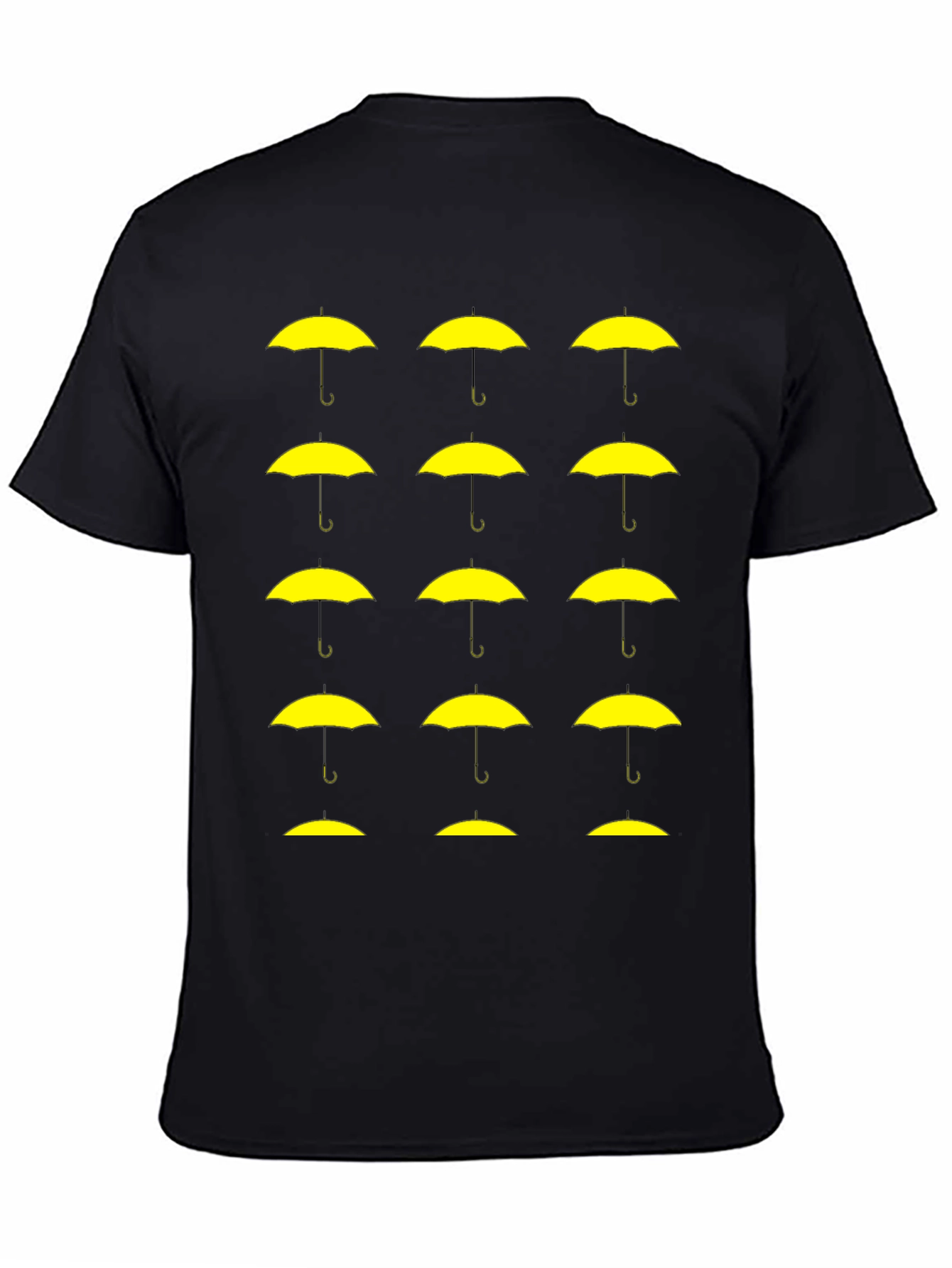 Black T-Shirt with Yellow Umbrella Graphic Pattern