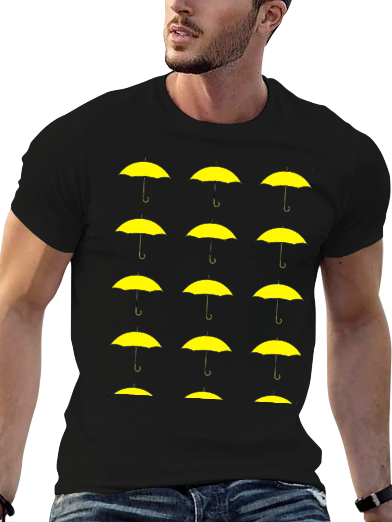 Black T-Shirt with Yellow Umbrella Graphic Pattern