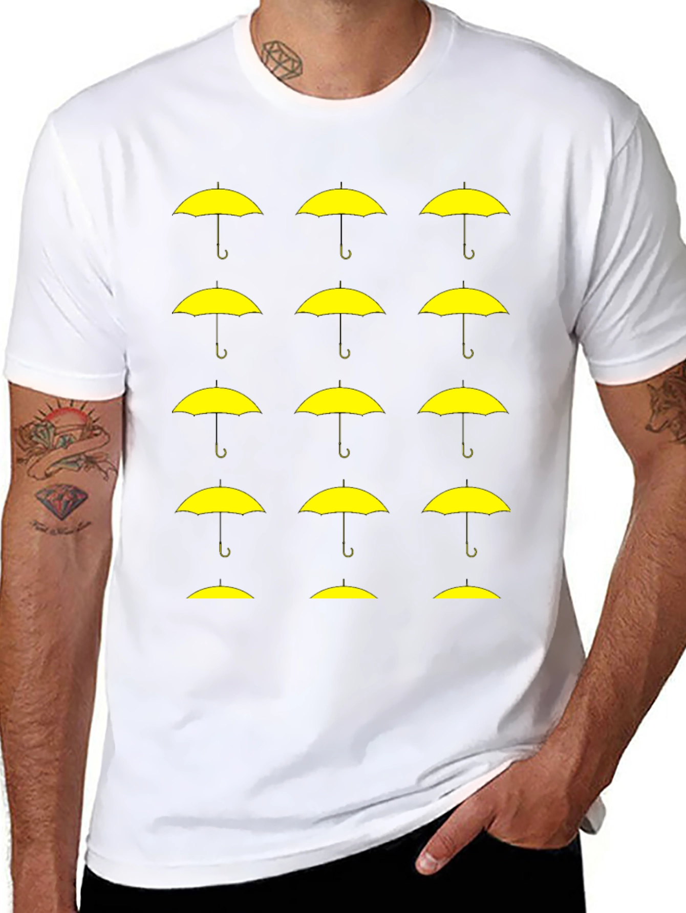 Black T-Shirt with Yellow Umbrella Graphic Pattern