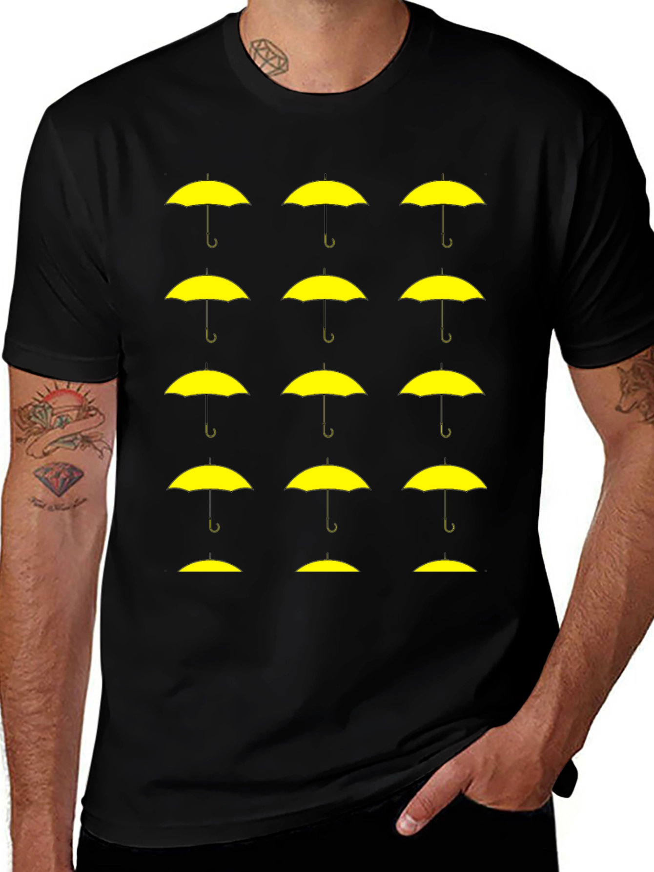 Black T-Shirt with Yellow Umbrella Graphic Pattern