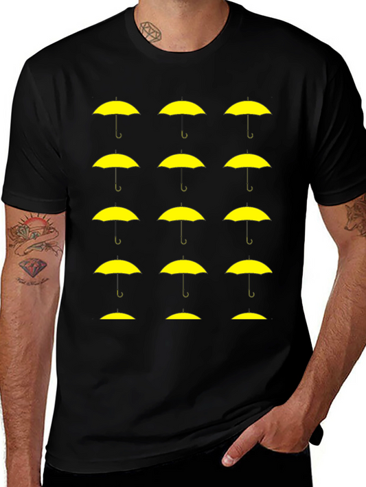 Black T-Shirt with Yellow Umbrella Graphic Pattern