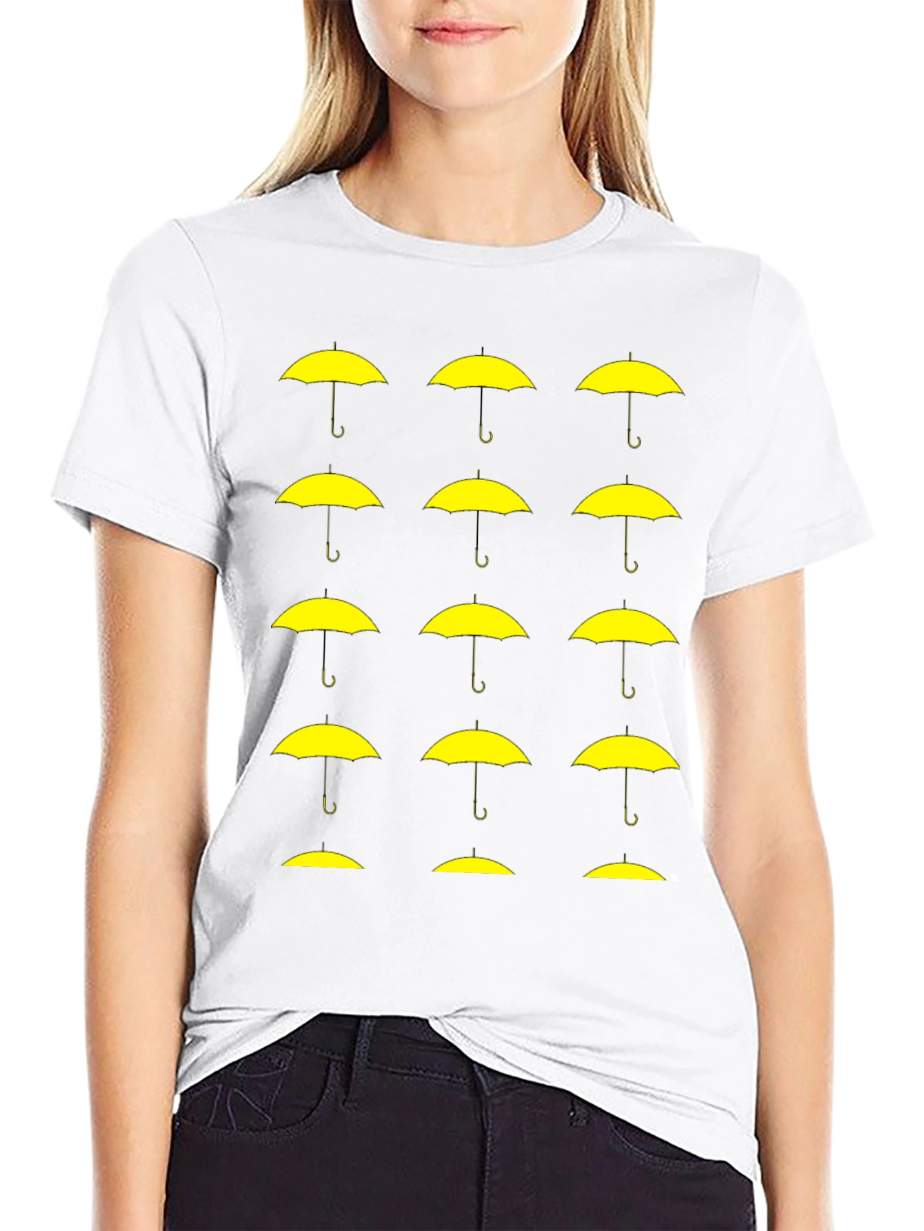 Black T-Shirt with Yellow Umbrella Graphic Pattern