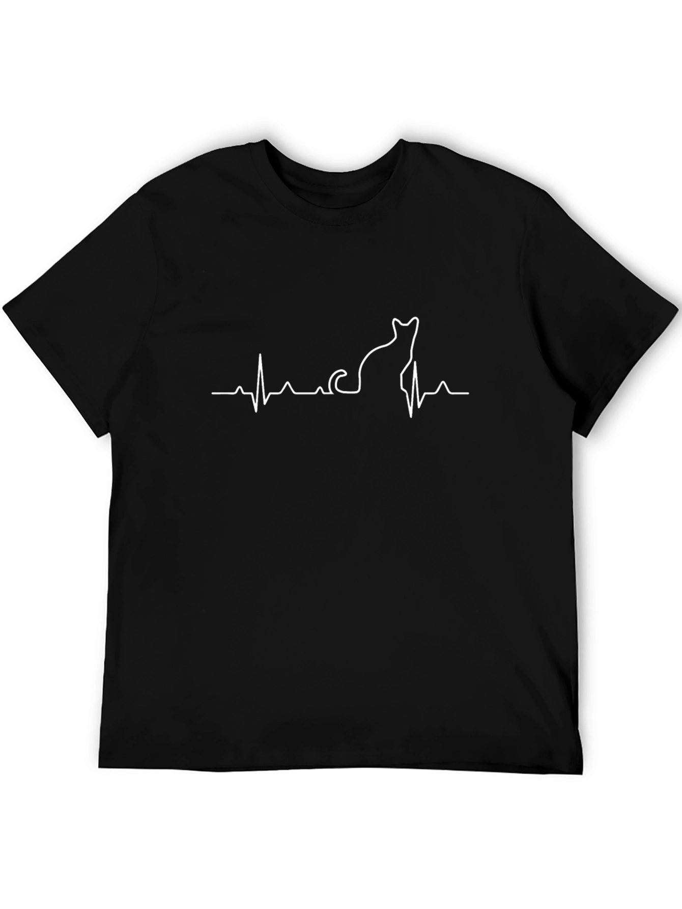 Cat Heartbeat Line Art Black T-Shirt