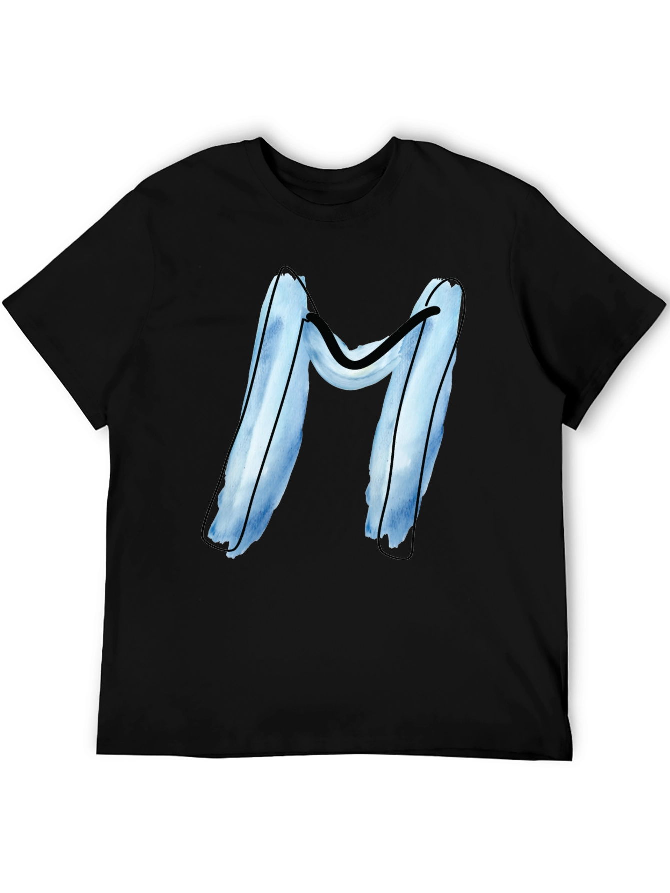 Blue Letter M Graphic Black T-Shirt
