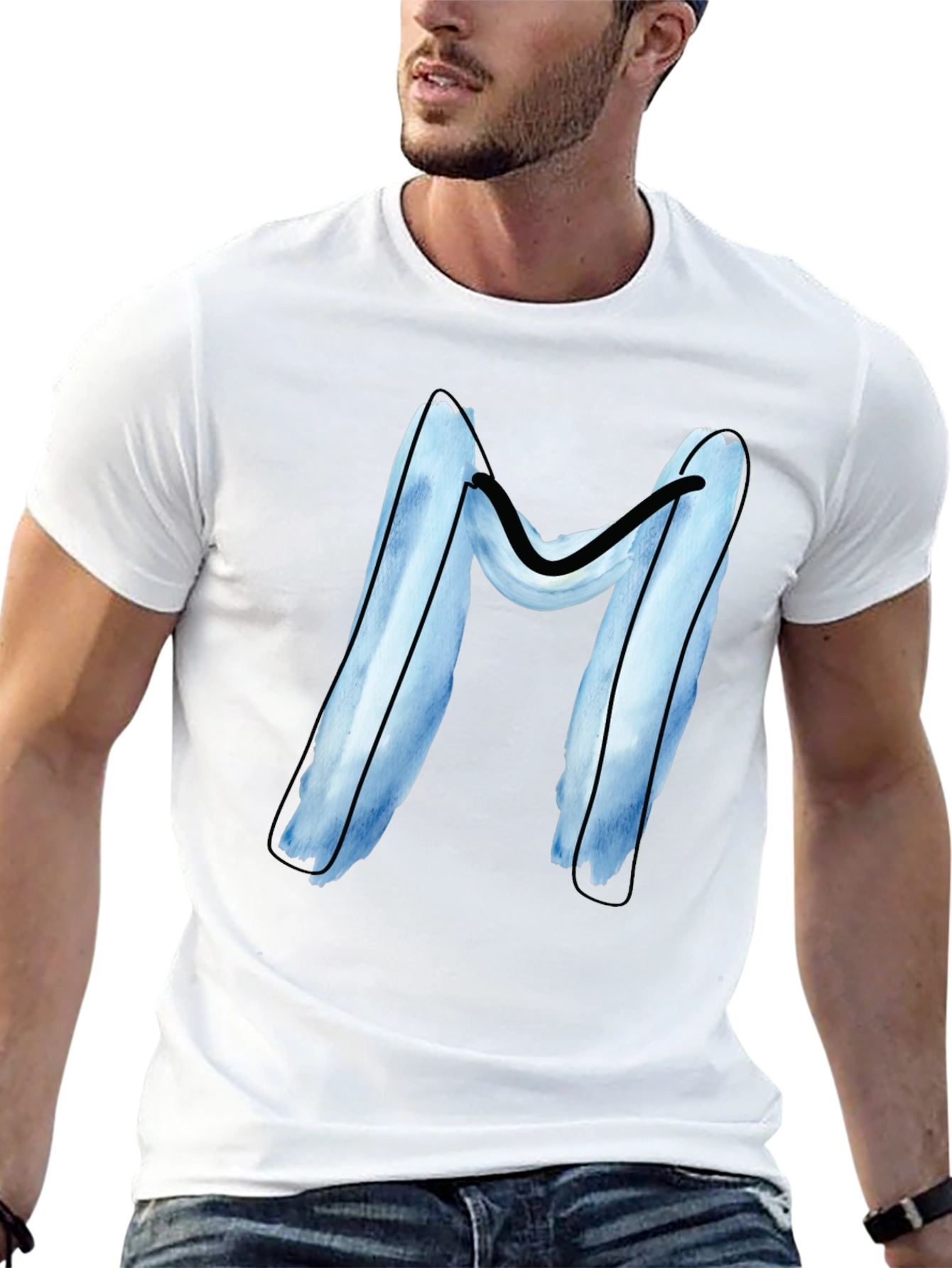 Blue Letter M Graphic Black T-Shirt