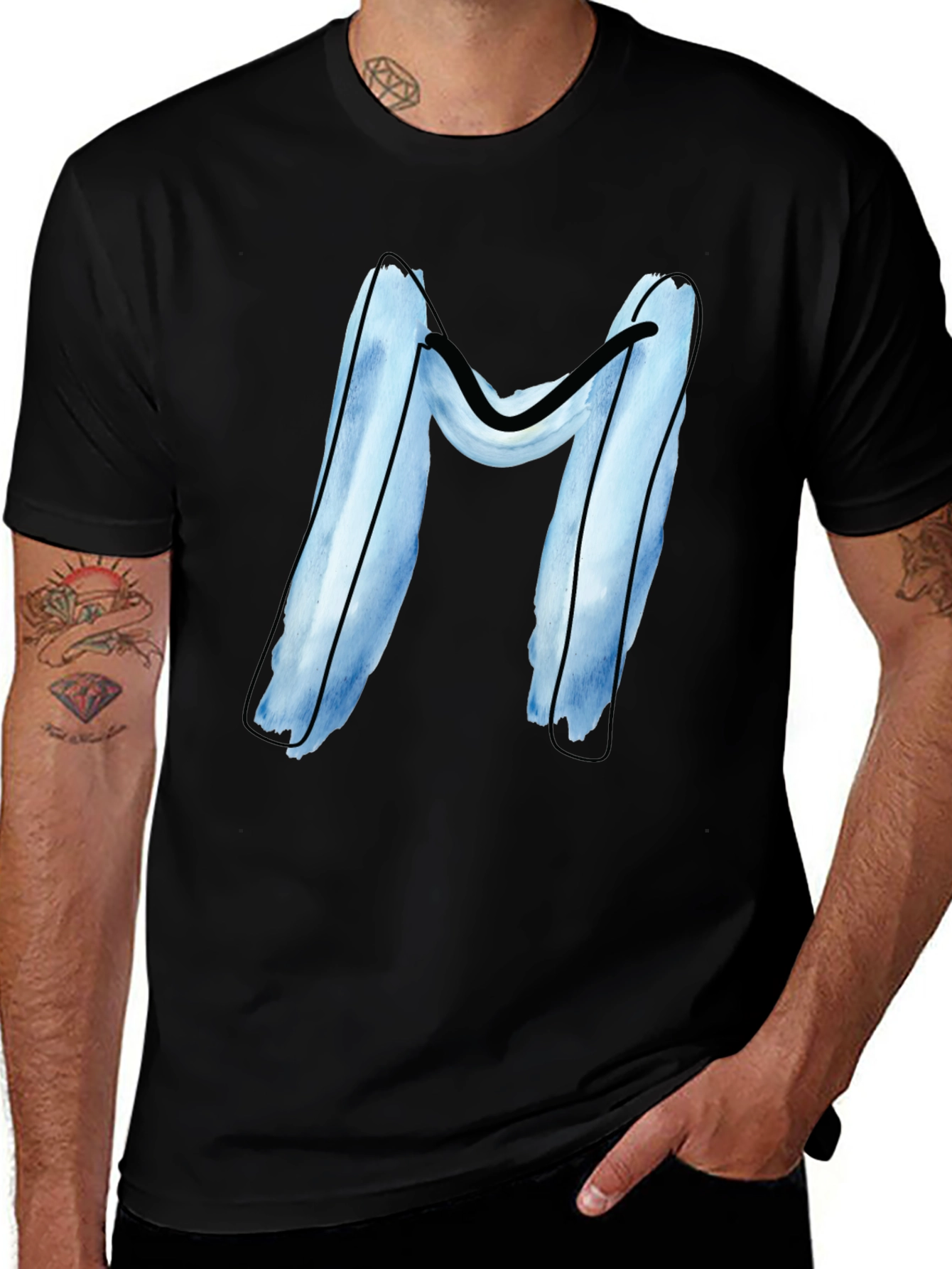 Blue Letter M Graphic Black T-Shirt