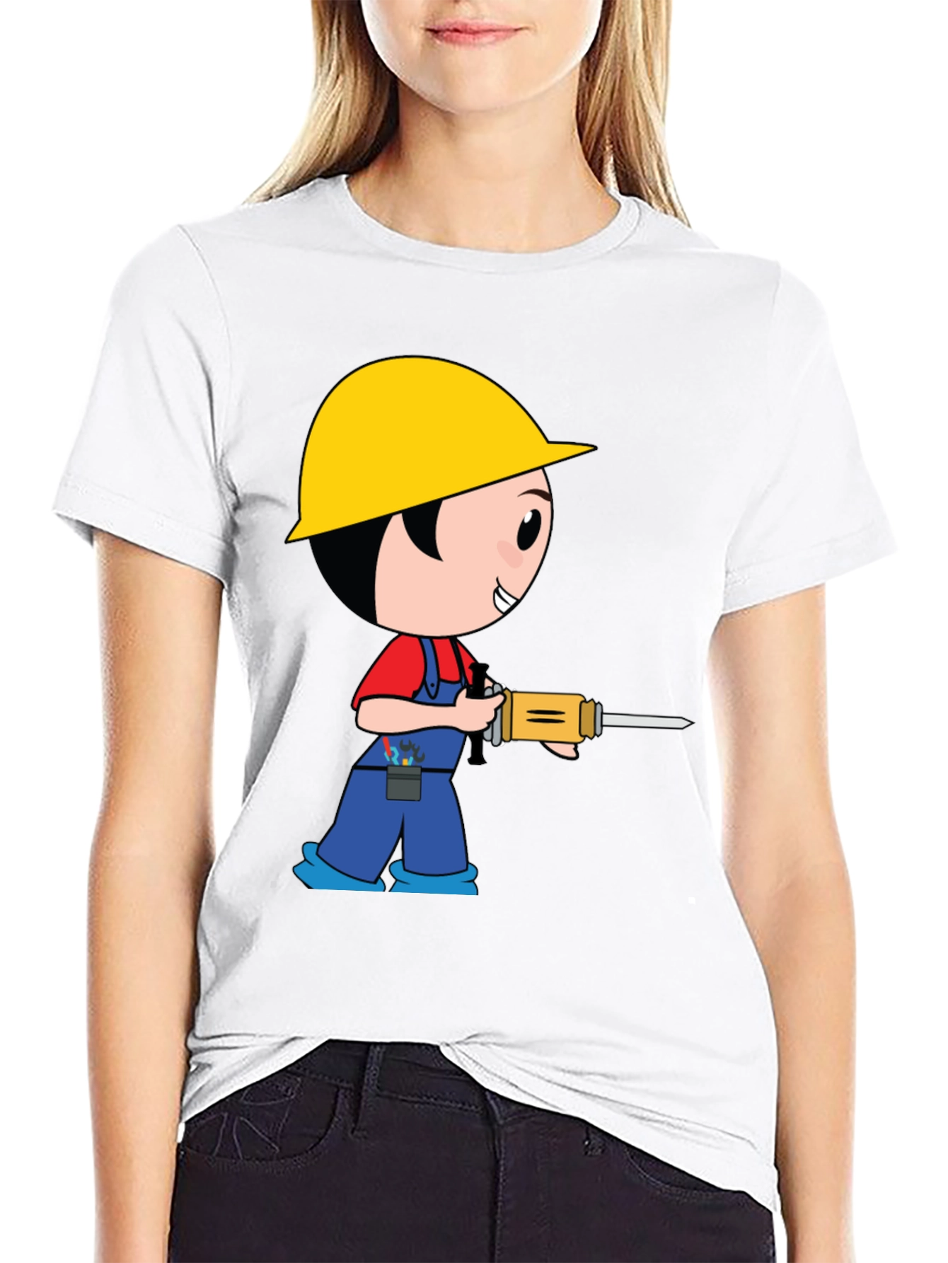 Cartoon Construction Worker Black T-Shirt