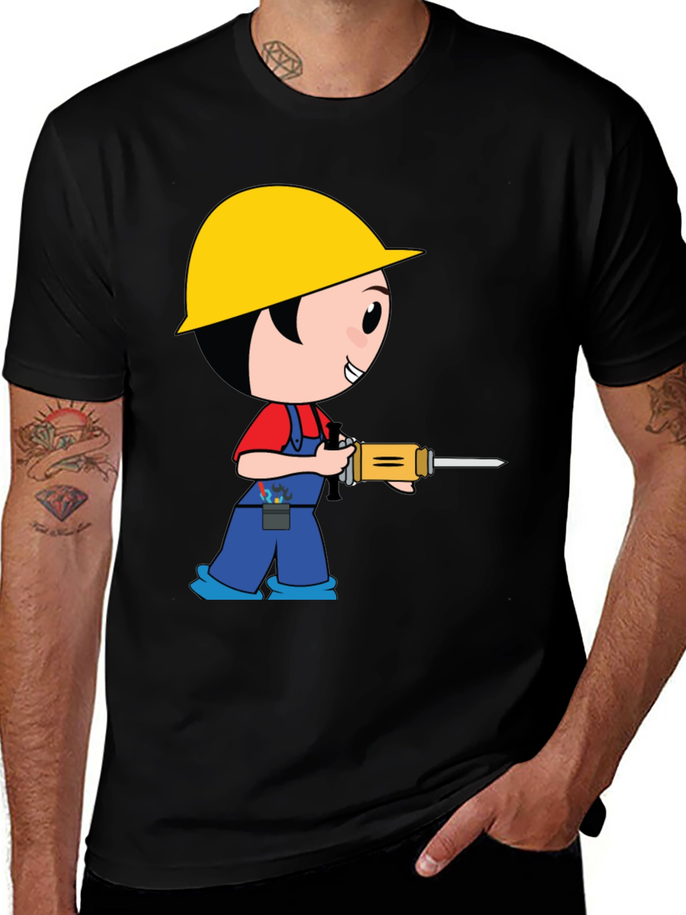 Cartoon Construction Worker Black T-Shirt