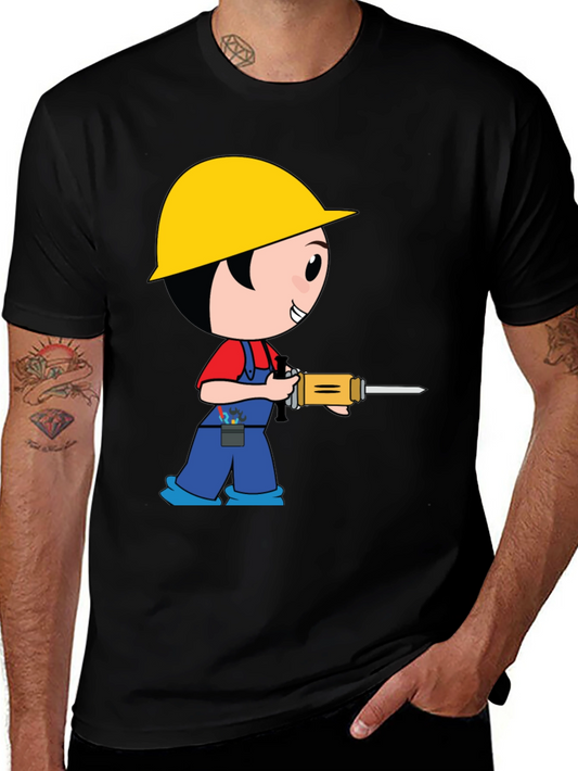 Cartoon Construction Worker Black T-Shirt