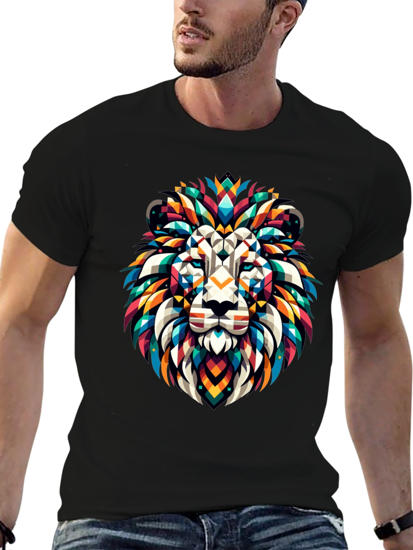 Geometric Lion Graphic Black T-Shirt
