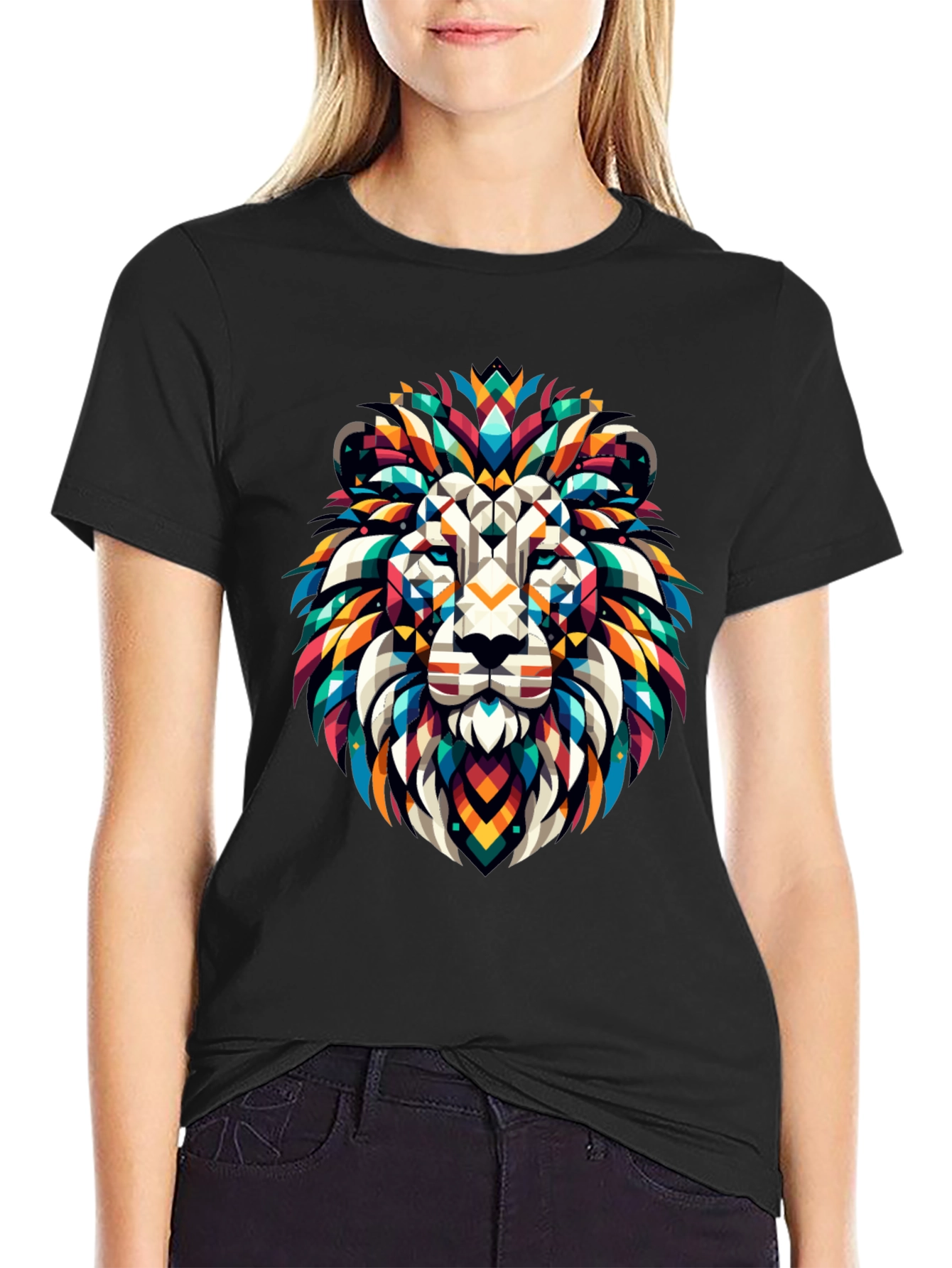 Geometric Lion Graphic Black T-Shirt