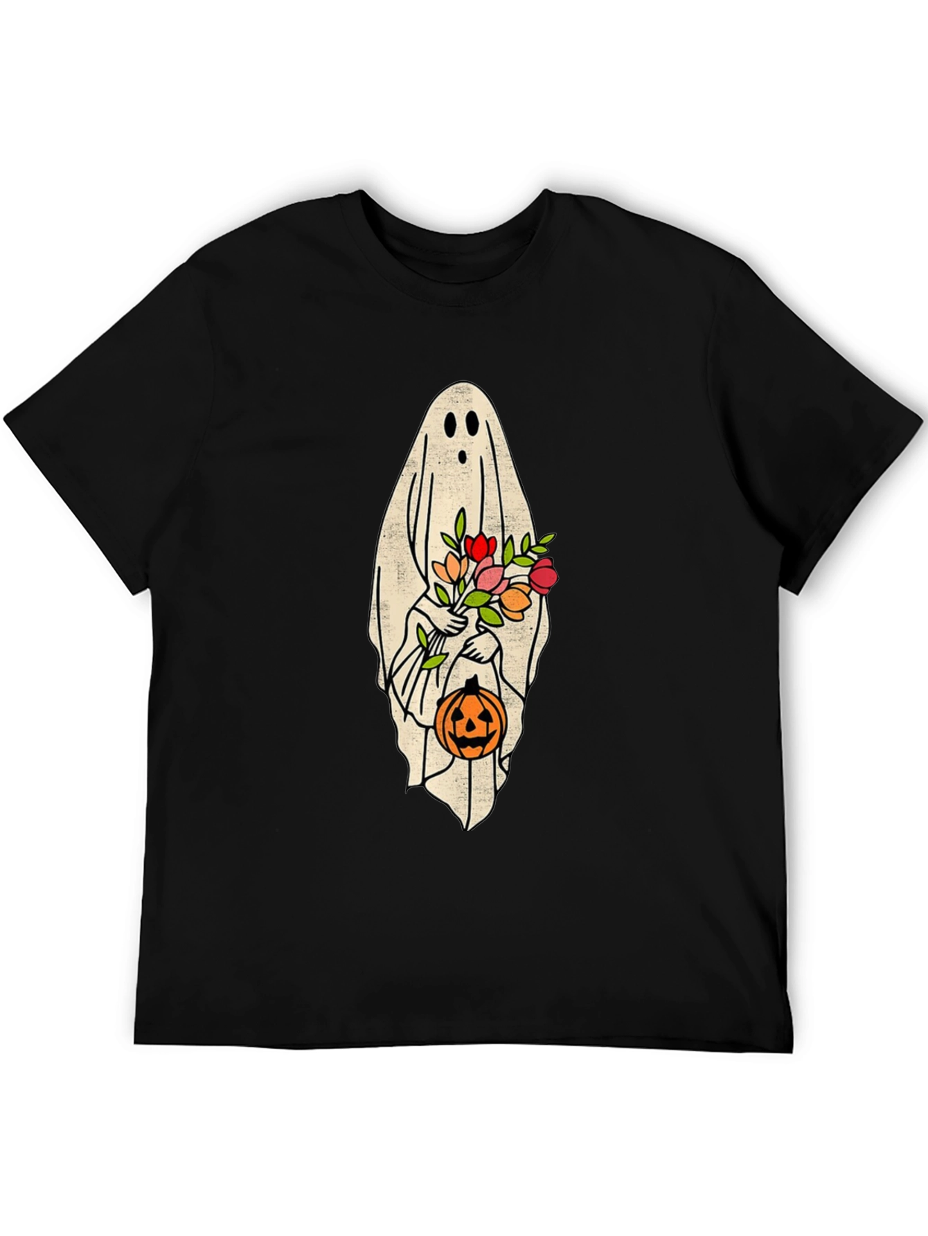 Halloween Ghost Holding Flowers & Pumpkin T-Shirt