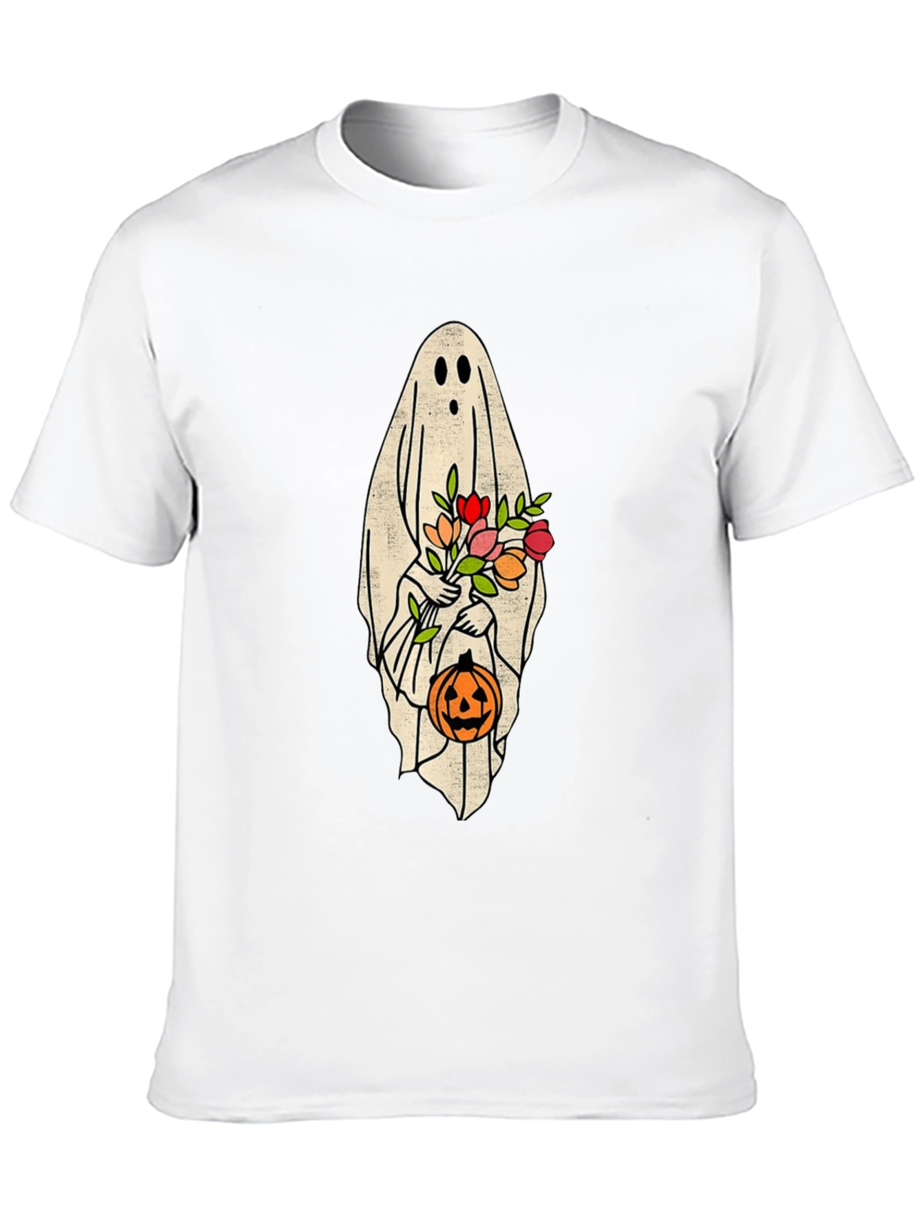 Halloween Ghost Holding Flowers & Pumpkin T-Shirt