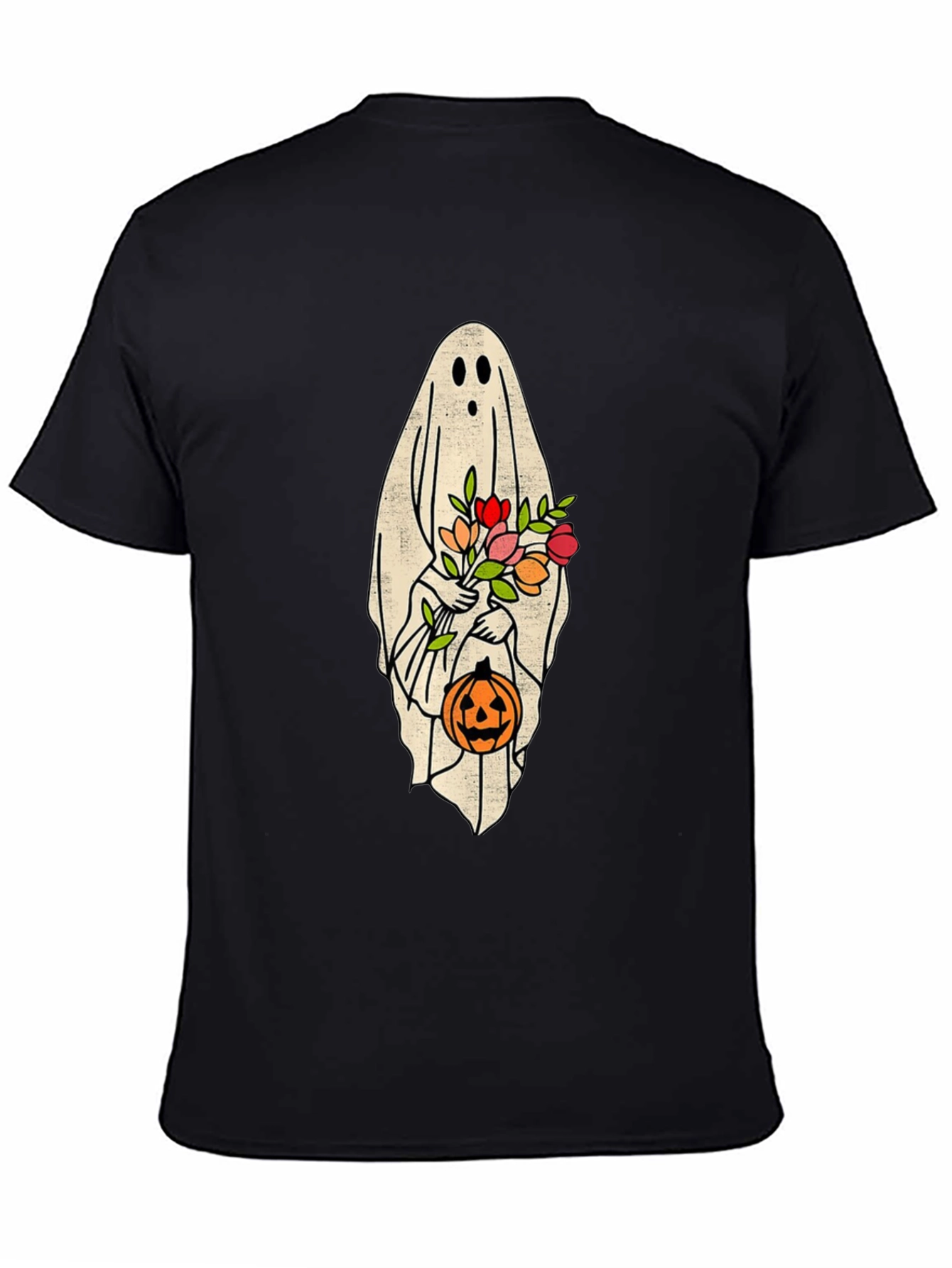 Halloween Ghost Holding Flowers & Pumpkin T-Shirt