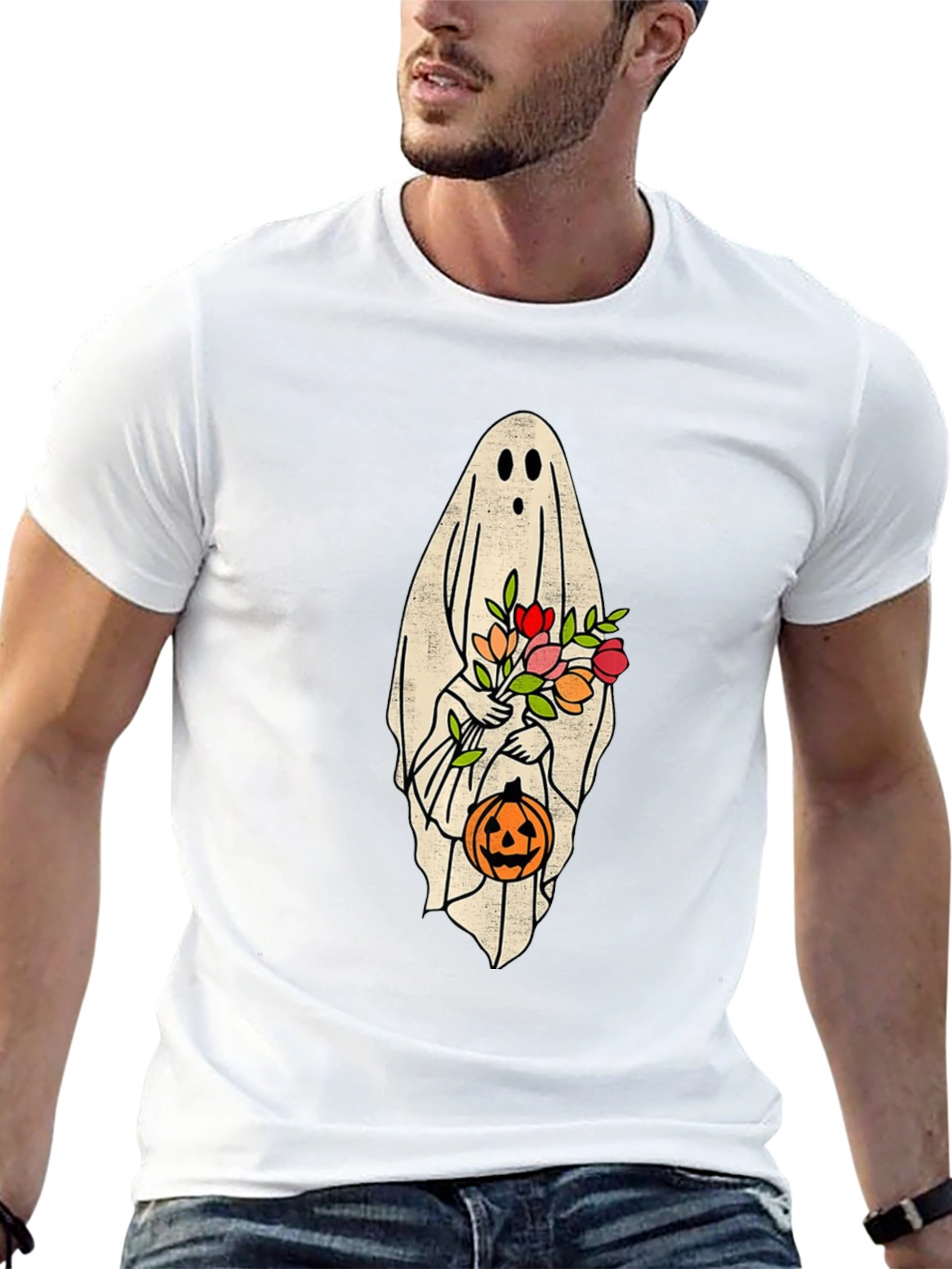 Halloween Ghost Holding Flowers & Pumpkin T-Shirt