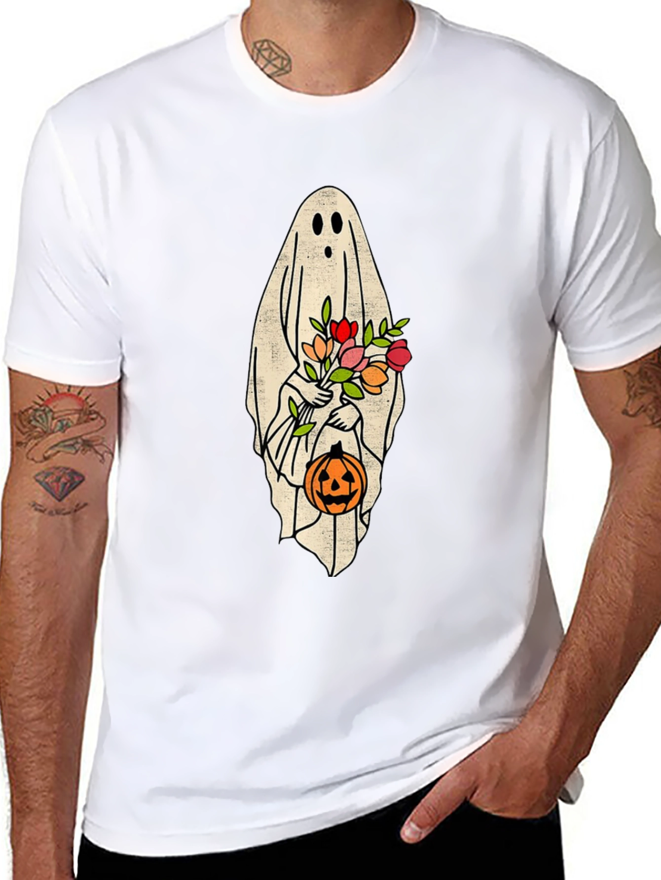 Halloween Ghost Holding Flowers & Pumpkin T-Shirt